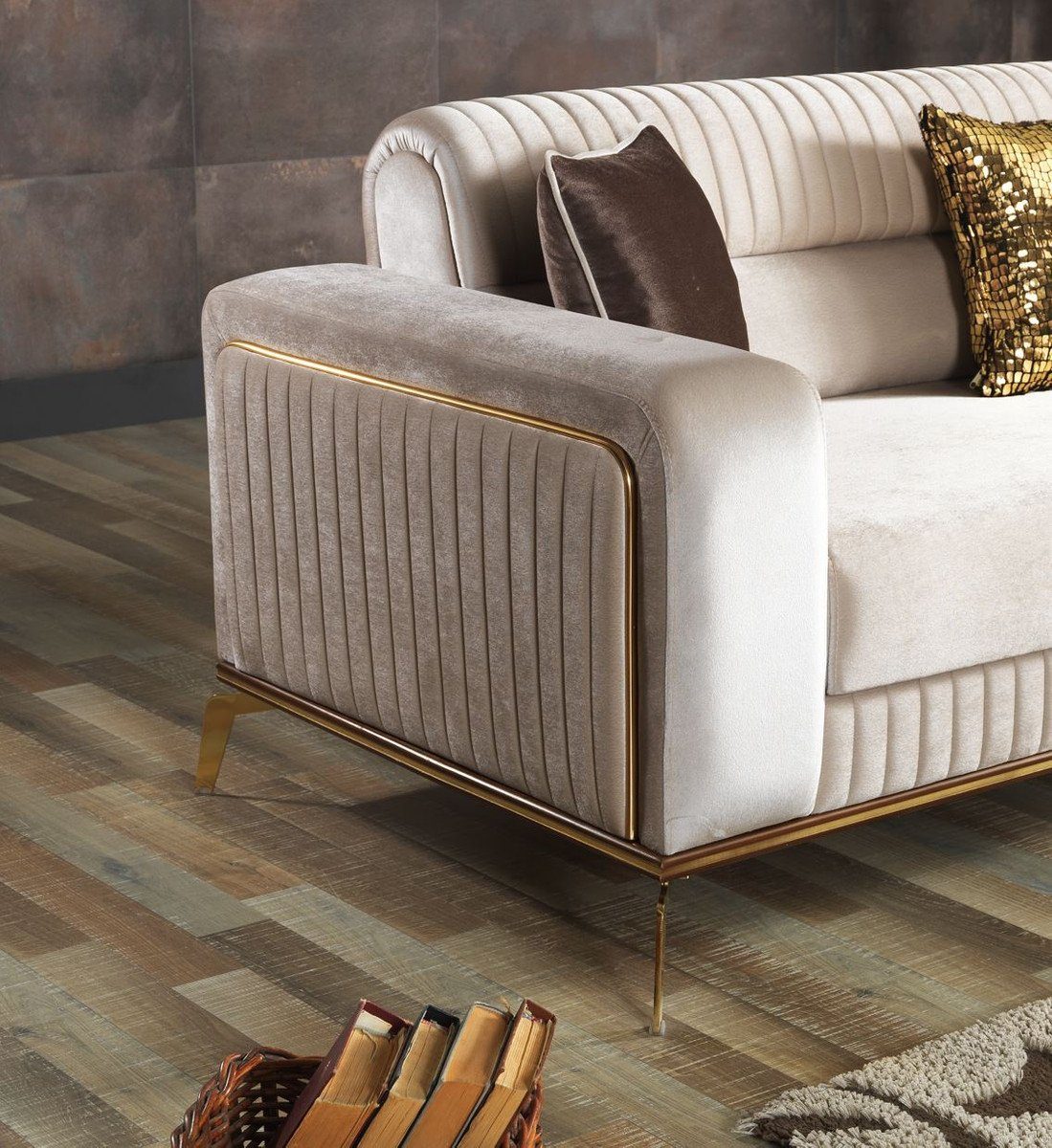 83 x Möbel 3 Sofa mit Gold Schlafsofa / Wohnzimmer / 92 Schlafsofa Luxus Braun Padrino 225 Casa Gold cm - H. Kissen - x Luxus Wohnzimmer