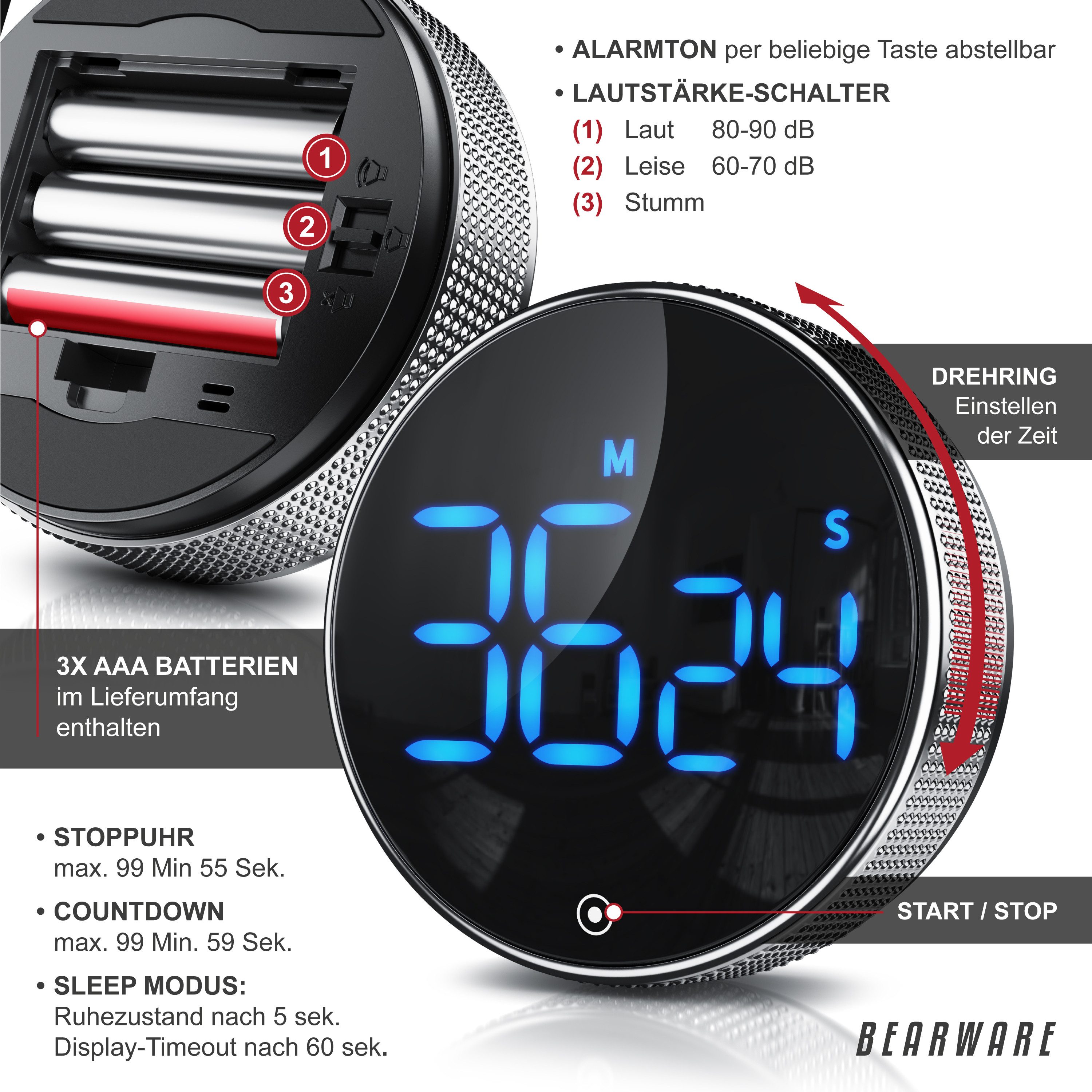 BEARWARE Küchentimer Digital, Küchenwecker Eieruhr, LED Display, Countdown, magnetisch Kurzzeitimer, Küchenuhr mit Restzeitanzeige, Alarmton einstellbar