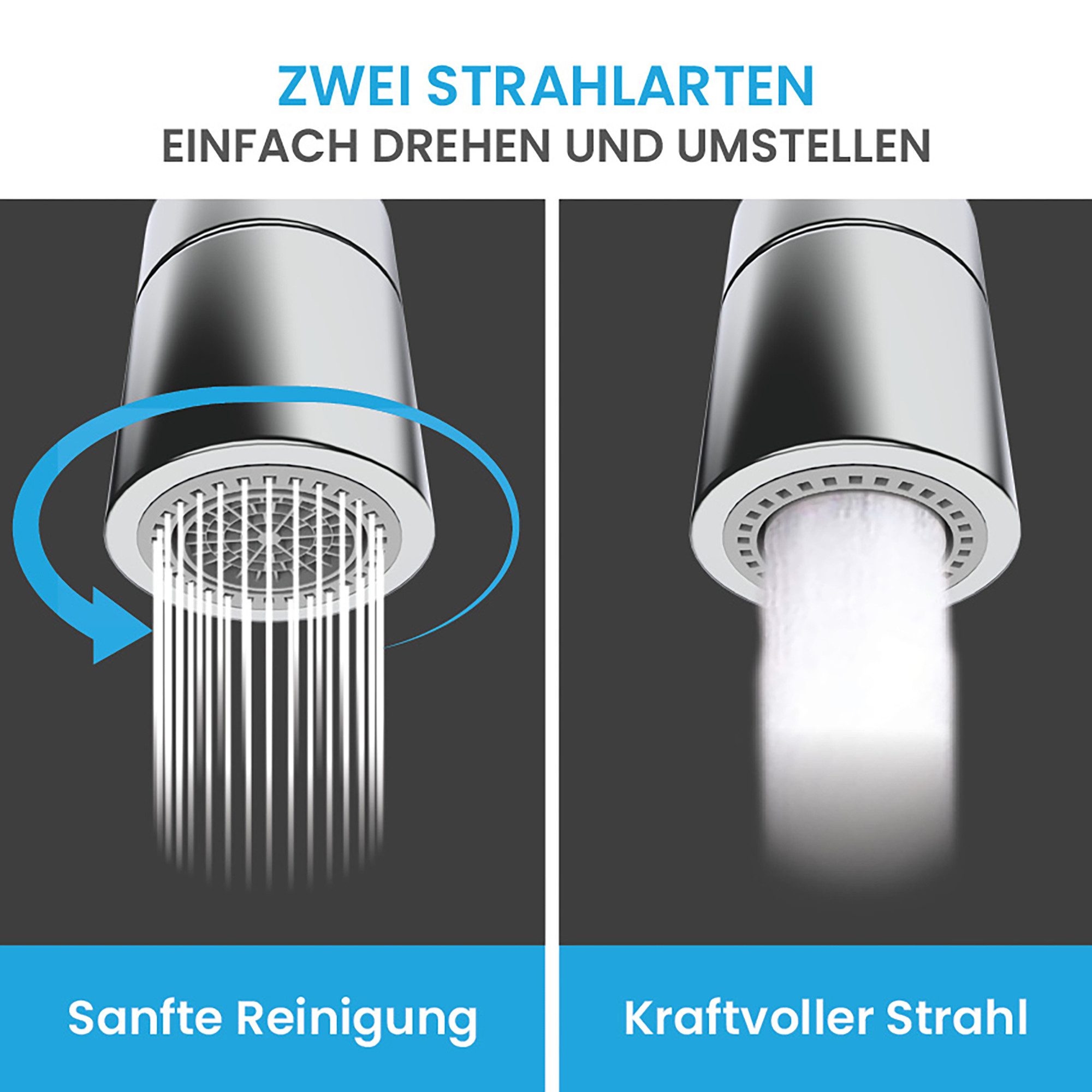 Bächlein Küchenarmatur Hochwertiger Wasserhahnaufsatz mit 2 Strahlarten (Chrom) gerader Aufsatz mit 360° Schwenkbereich – Bild 4 von 5