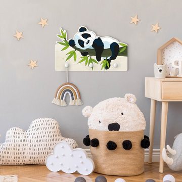 Bilderdepot24 Garderobenpaneel weiss Illustration Tiere Schlafender Panda (Kindergarderobe Holz Kleiderhaken für die Wand inkl. Montagematerial), moderne Wand Garderobenleiste Flur - kleine Hakenleiste Kinderzimmer