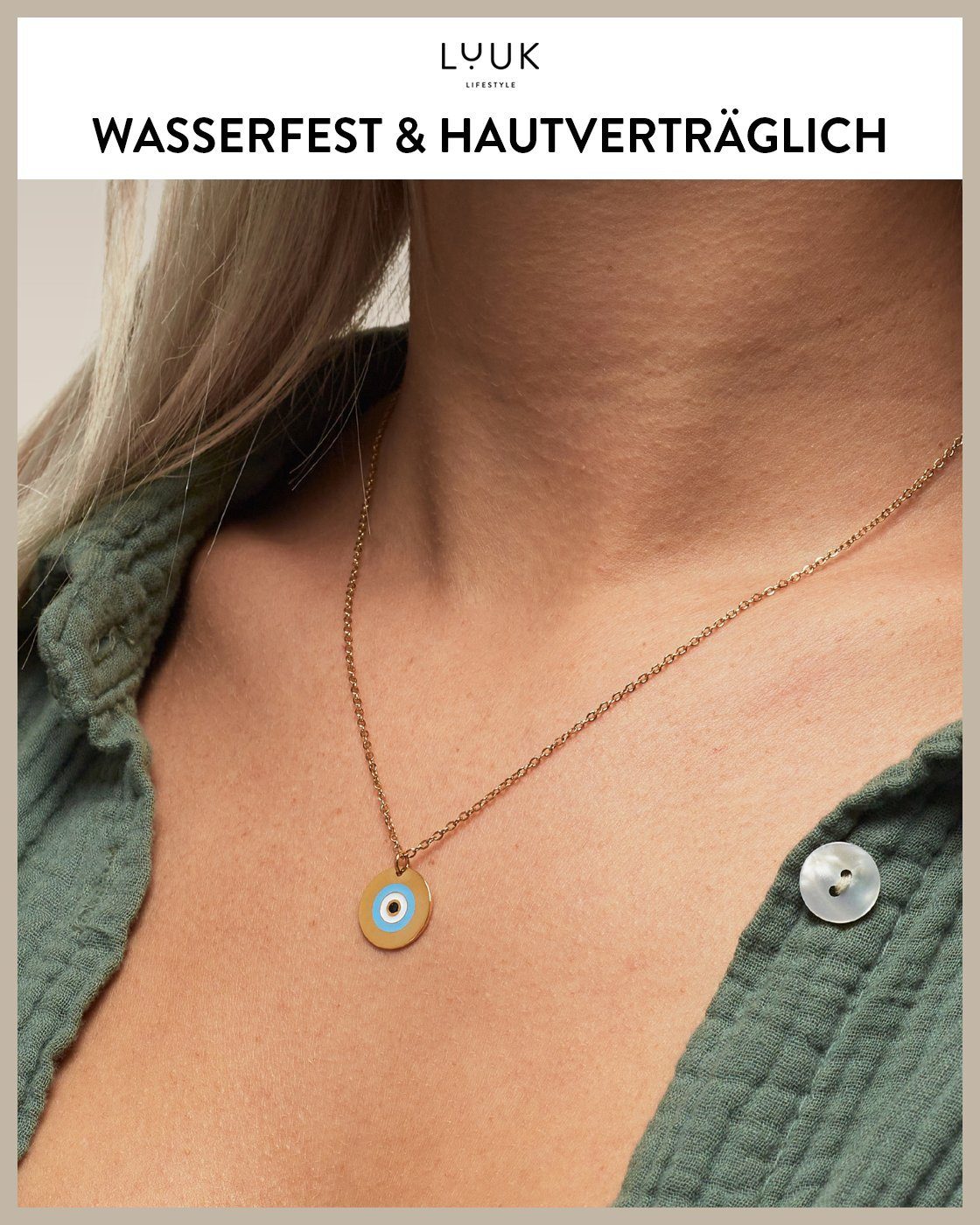 LUUK LIFESTYLE Kette mit Anhänger Evil eye, mit Happiness Spruchkarte, feminin und elegant