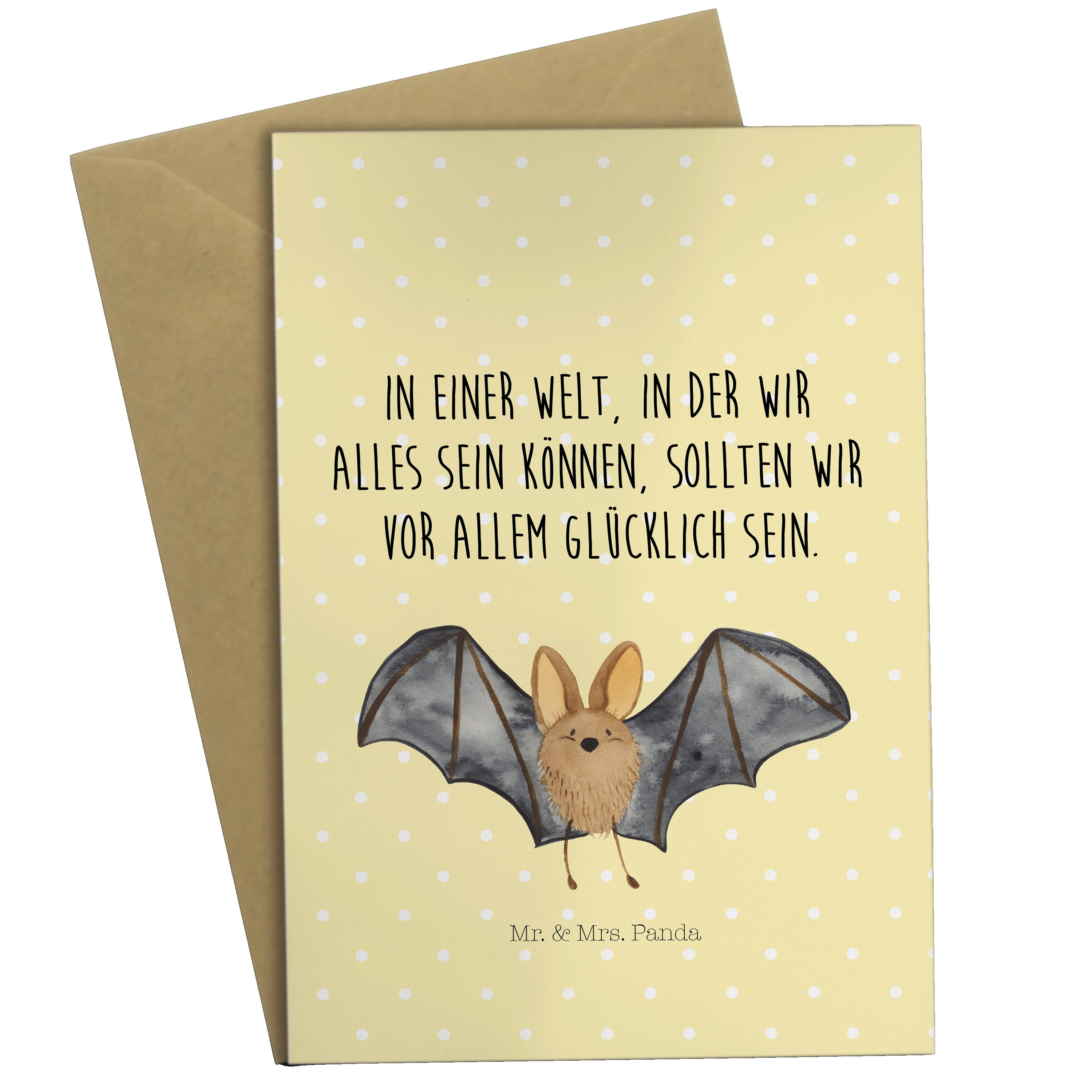 Mr. & Mrs. Panda Grußkarte Fledermaus Flügel - Gelb Pastell - Geschenk, Tiermotive, Geburtstagsk