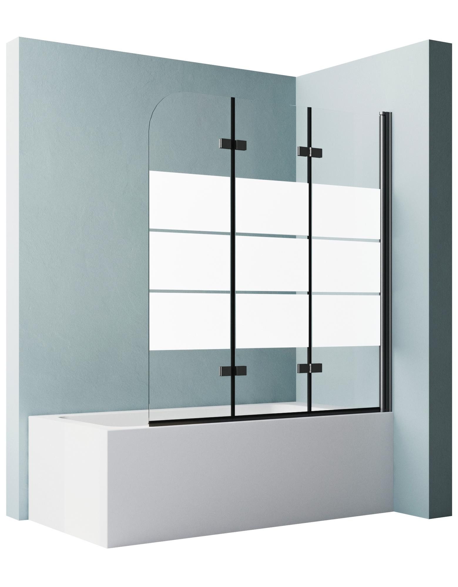 Hopibath Badewannenaufsatz milchglas Schwarz Badewannenfaltwand 3 teilig Faltbar, 6mm Sicherheitsglas, (180° Faltwand, 140x140, 130x140, 120x140cm), mit Duschdichtungen