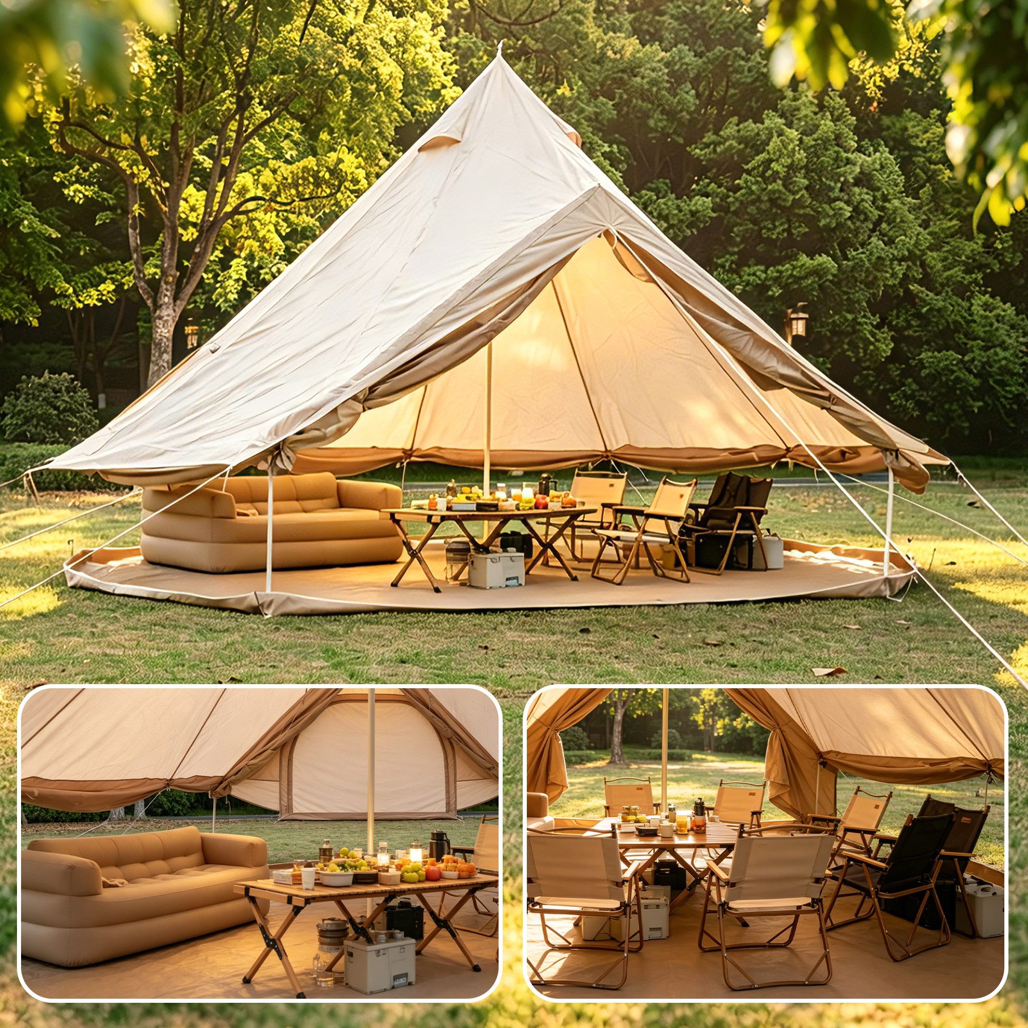 CHICFURN aufblasbares Zelt Oxford Glockenzelt für Familien-Camping mit Ofendurchführung, Personen: 8 (Packung, 1 tlg., Wetterfestes 4-Jahreszeiten-Zelt, 4 × 2, 5 m, Beige), Geräumiges Jurtenzelt für 4–8 Personen