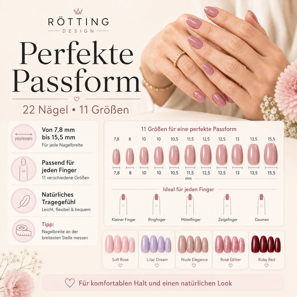 Rötting Design Kunstfingernägel zum Aufkleben 22 Stk Gel Nails Kunstnägel Nagelsticker Saloon-Qualität, Set 22-tlg., Gelnägel Set inkl. Manikürstäbchen & Nagelp – Bild 4 von 5