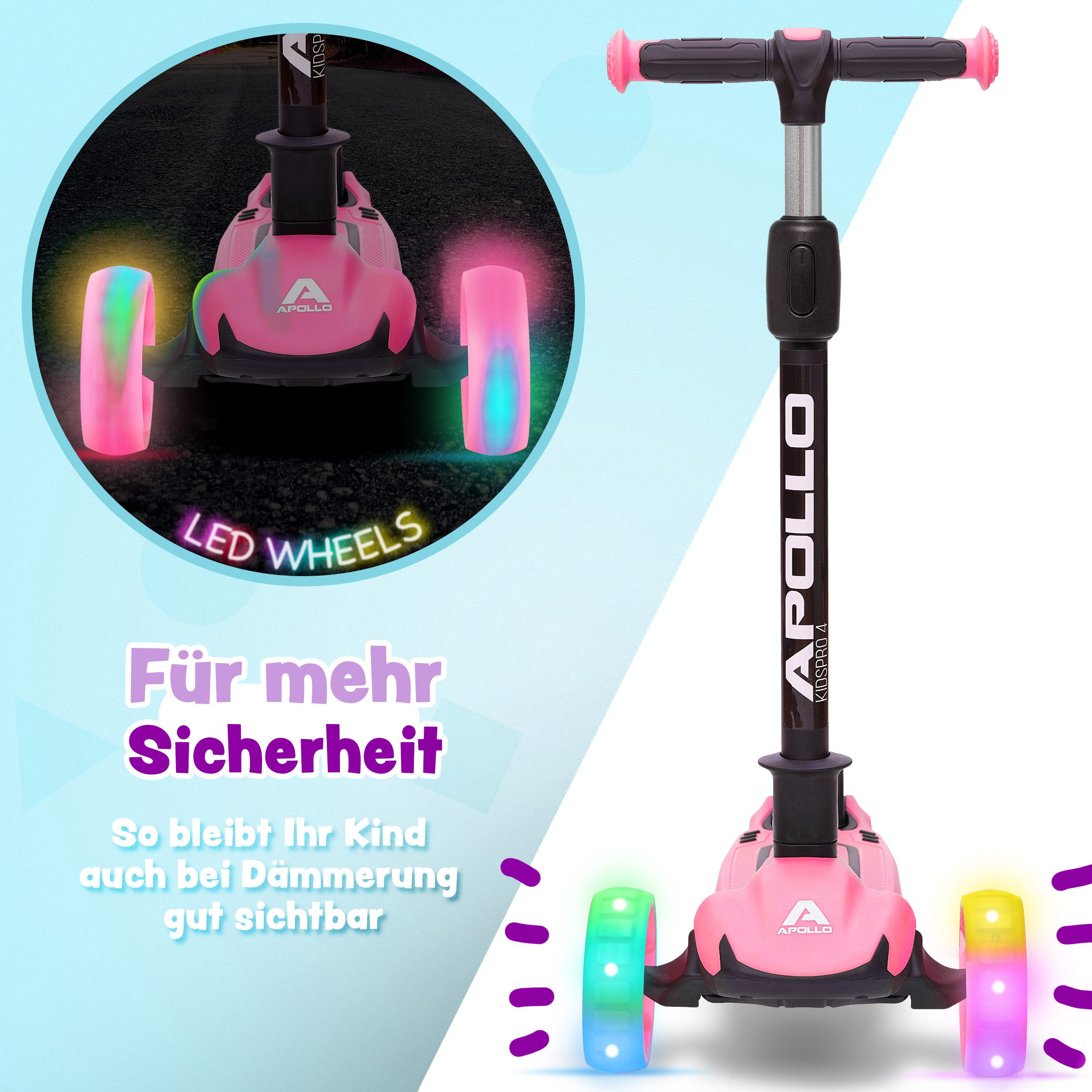 Apollo Dreiradscooter LED Kinderscooter Kids pro 4, Kinderroller mit LED Wheels, höhenverstellbar Für Kinder ab 3 Jahren – Bild 4 von 5