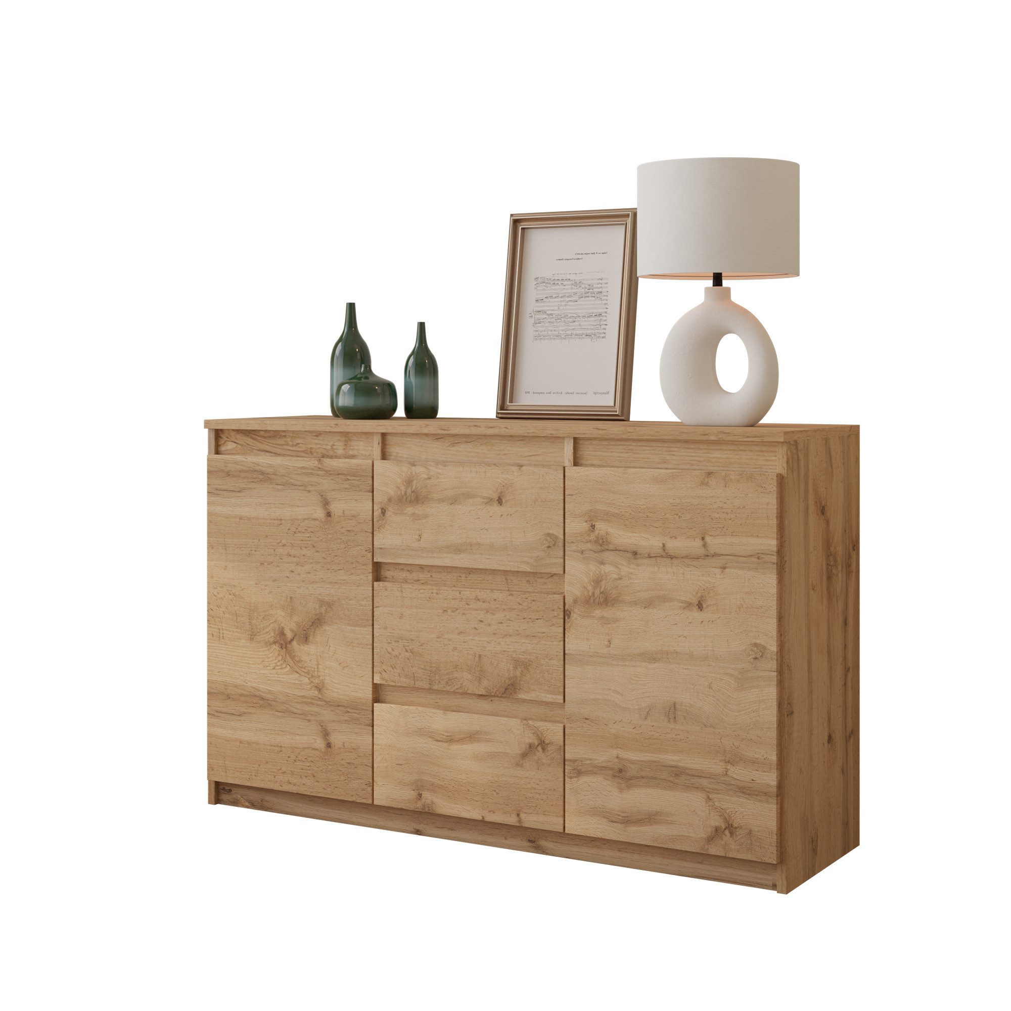 Furnica Kommode Wotan Eiche 120 cm mit 3 Schubladen und 2 Türen-Wohn-und Schlafzimmer