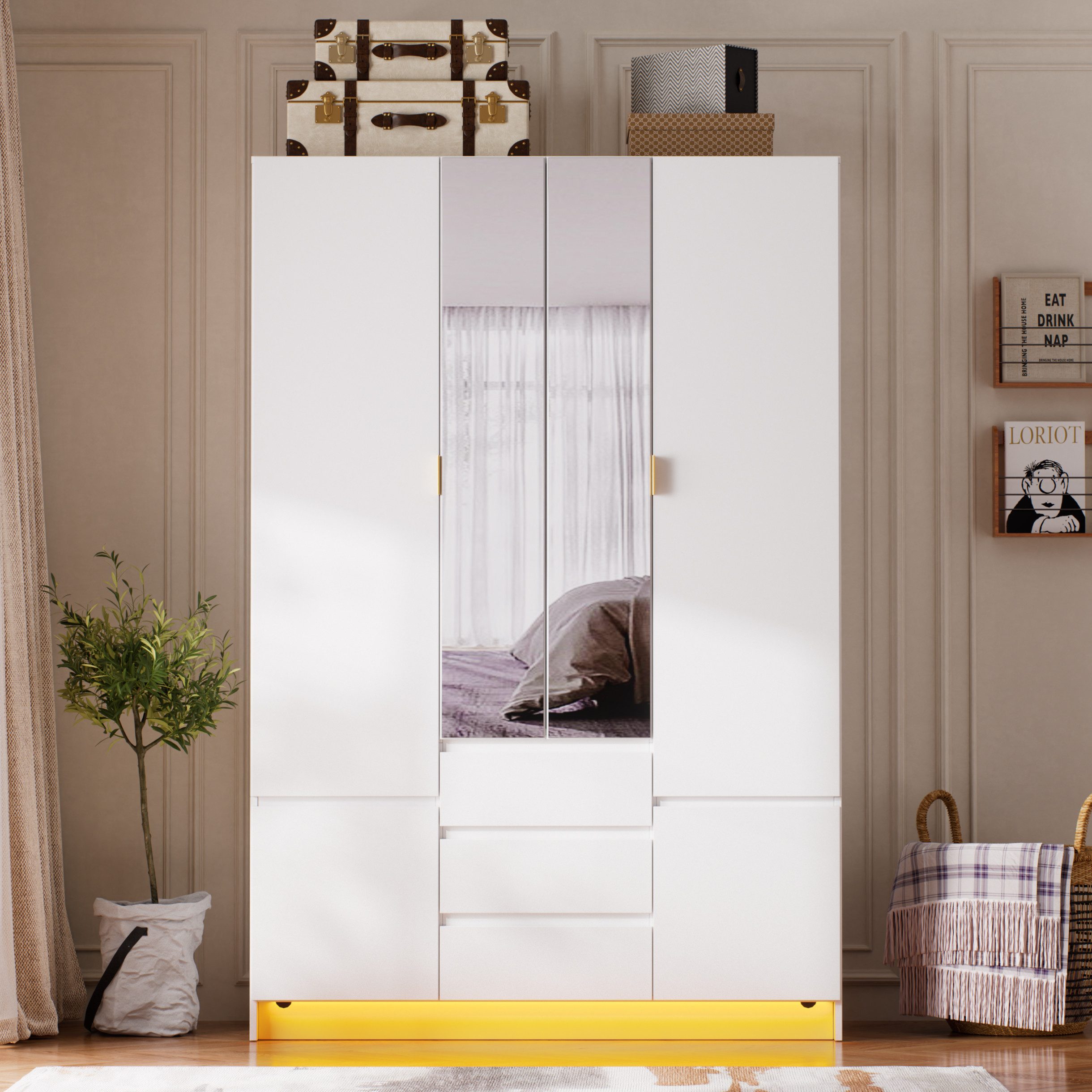 TWSOUL Kleiderschrank 4-türiger Kleiderschrank mit Spiegel & LED,Garderobenschrank mit Kleiderstange und 2 Schubladen, großer Schlafzimmer Schrank