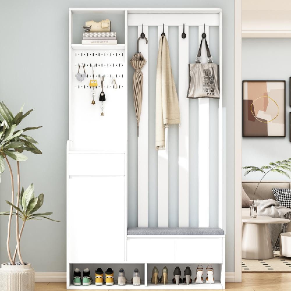 BBWL Garderobenschrank Flurgarderobe mit Sitzbank und Schuhschrank Dielenbaum mit Stecktafel & 4 Haken, MDF Garderobe 180x100x35 cm