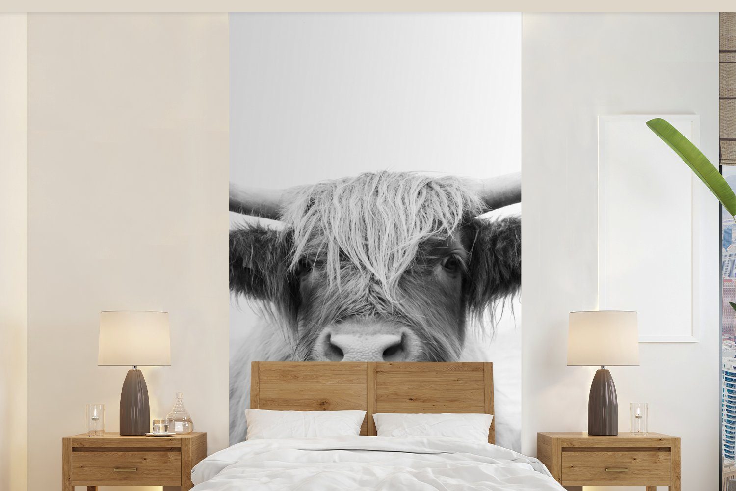 MuchoWow Fototapete Tiere - Schottischer Highlander - Kuh - Schwarz - Weiß, Matt, bedruckt, (2 St), Vliestapete für Wohnzimmer Schlafzimmer Küche, Fototapete