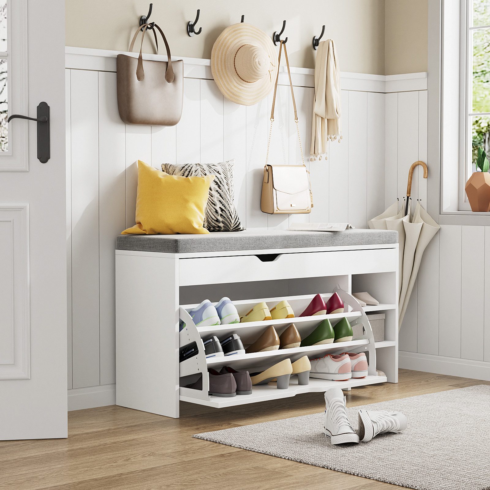 VOWNER Schuhschrank mit Klappen, Schmaler Schuhregal mit Sitzbank, Verstellbar (1-St) Schuhbank, 100 x 30 x 55 cm, Weiß