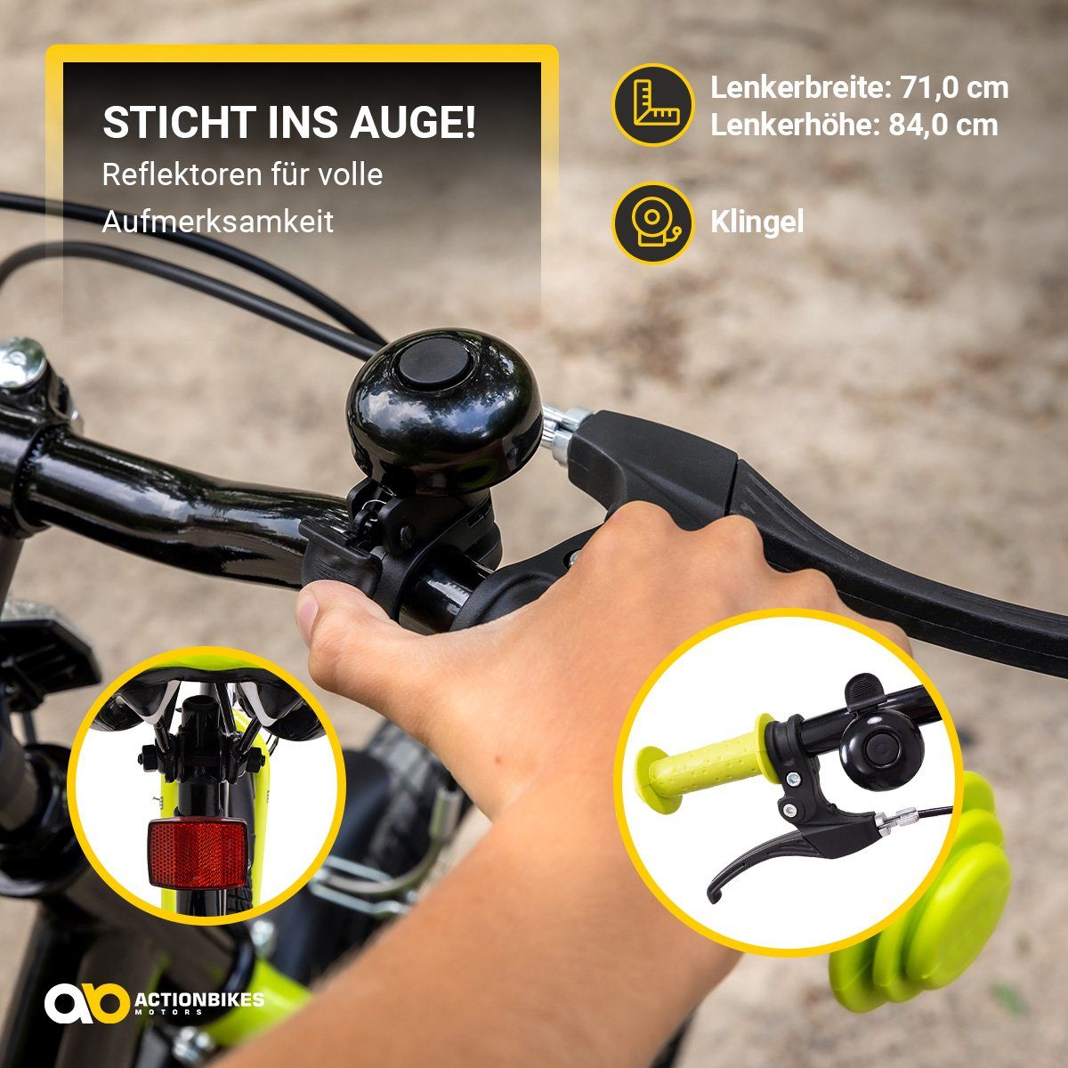 Actionbikes Motors Kids' Bike Wasp, 1-speed, no gears, (20 inch, from 115 cm height, max. load 40 kg, bell, reflectors, non-slip grips, kickstand, chain guard, 1-piece, V-brakes, pneumatic tires, mudguards, black/blue), height-adjustable bike for boys and girls, children's bike from 6 years