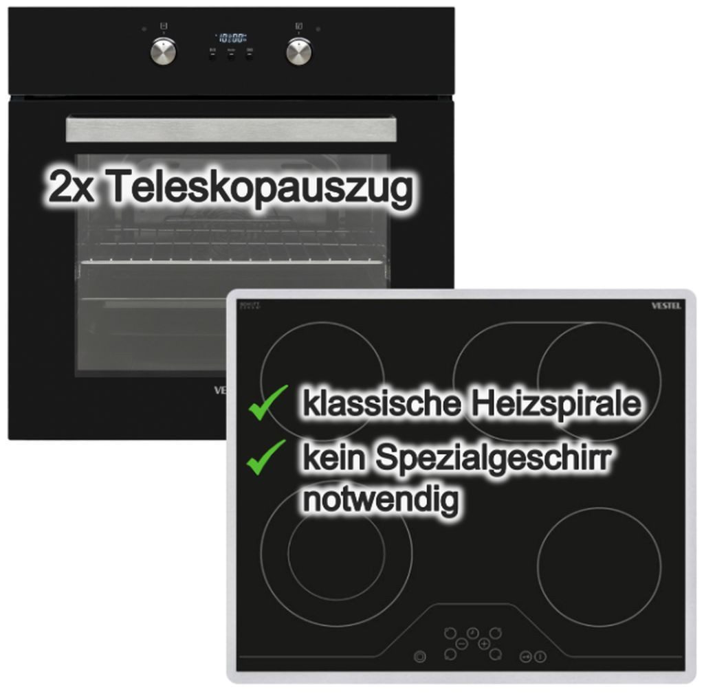 VESTEL Backofen-Set 2-fach Teleskopauszug + Glaskeramikkochfeld Zweikreis und Bräterzone, mit 2-fach Teilauszug