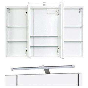 Lomadox Badmöbel-Set FLORIDO-03, (Spar-Set, 2-St), weiß 100cm Waschtisch 2 Türen Spiegelschrank LED-Aufbauleuchte