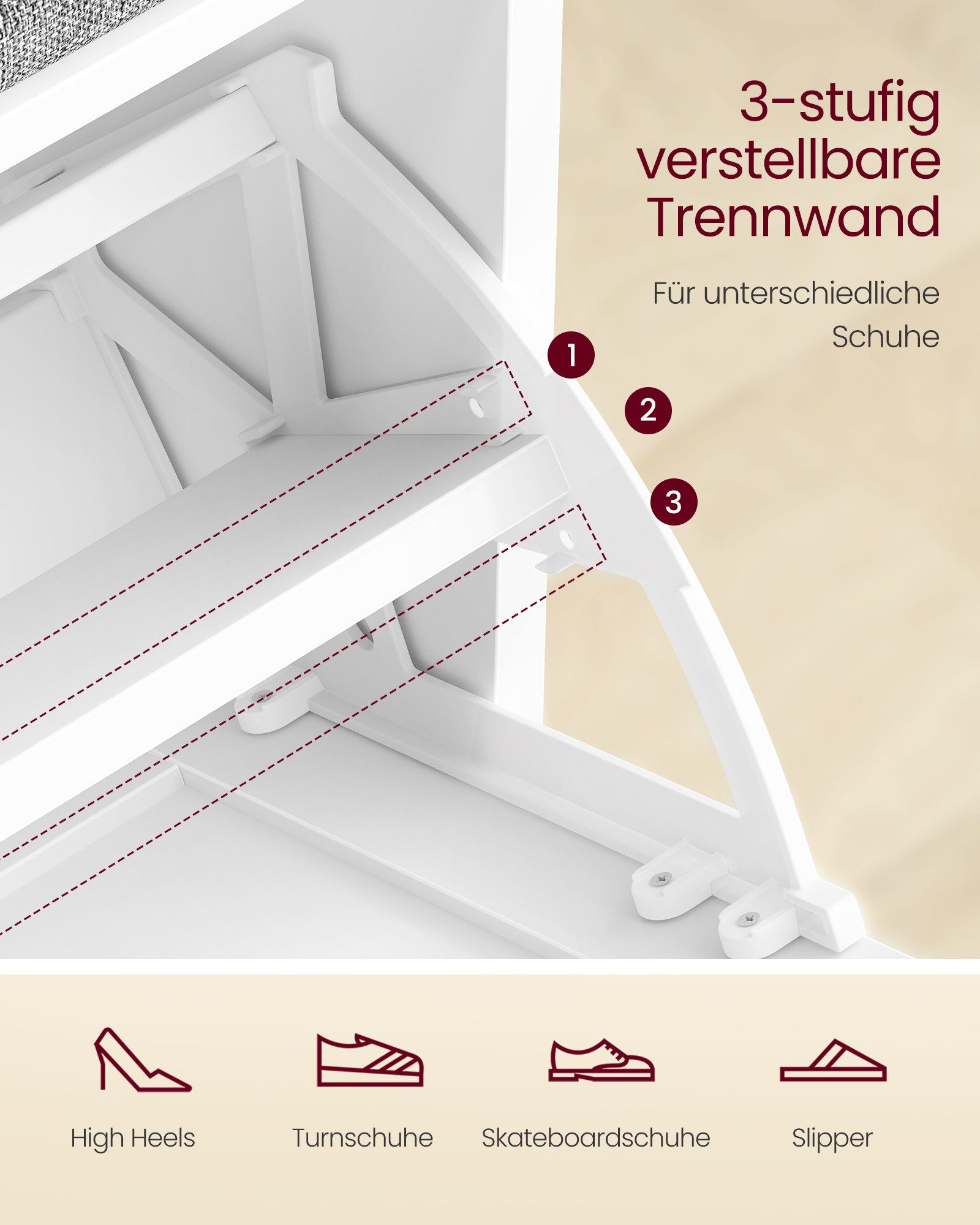 VASAGLE Schuhbank mit Sitzkissen, Sitzbank, 30 x 60 x 53,5 cm, Flur, Schlafzimmer, für 6 Paar Schuhe, Klappfach mit verstellbarer Trennwand, weiß-grau – Bild 5 von 5