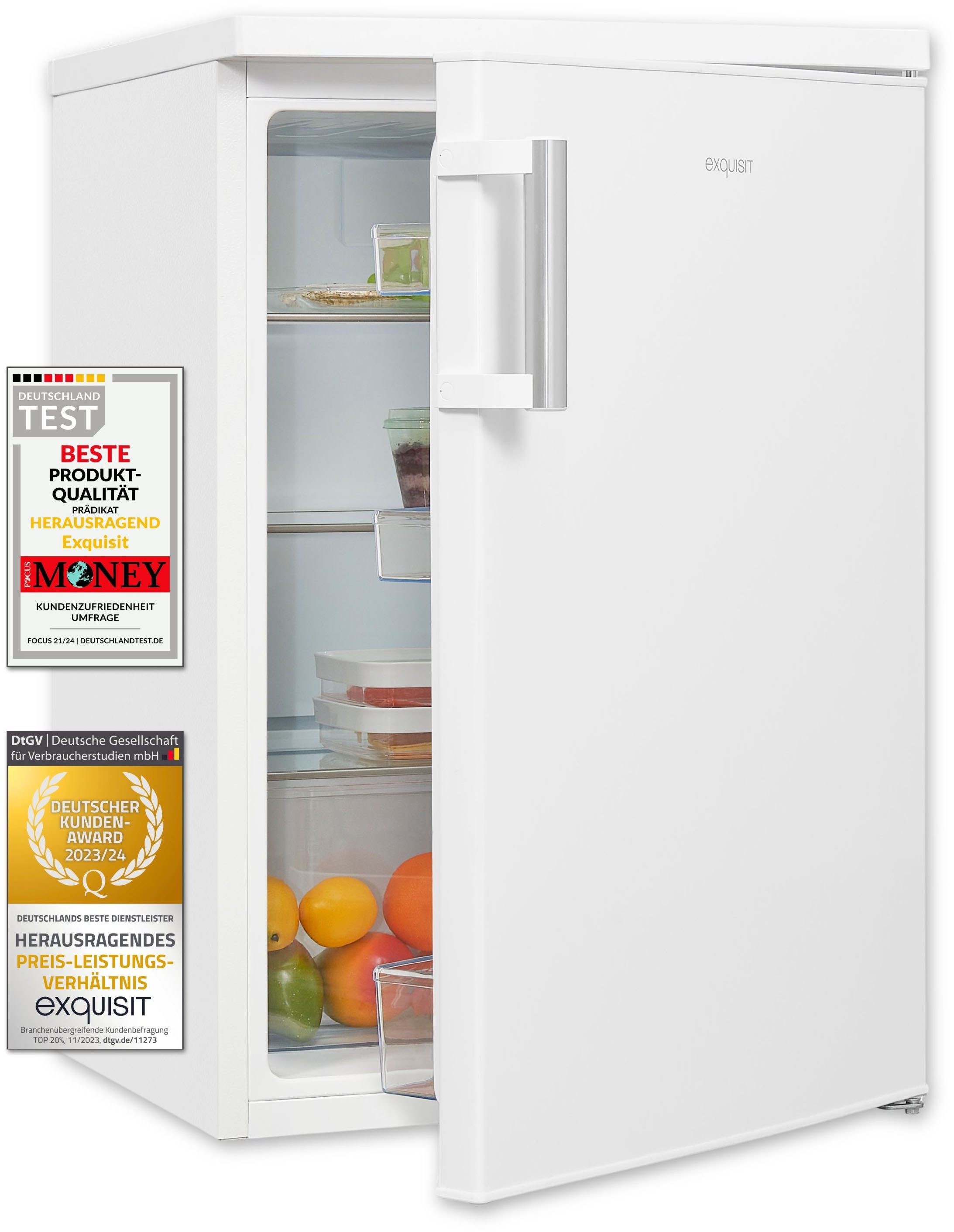exquisit Kühlschrank KS16-V-H-010D weiss, 85,5 cm hoch, 56 cm breit, Platzsparend & praktisch: 133 L Kühlschrank mit LED-Beleuchtung