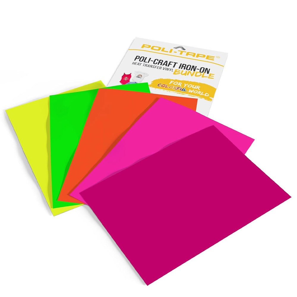 POLI-TAPE POLI-CUT Plotterfolie NEON-BUNDLE IRON-ON, 5 x A4 POLI-FLEX TURBO, turboschnelle Transferfolie für Textilien