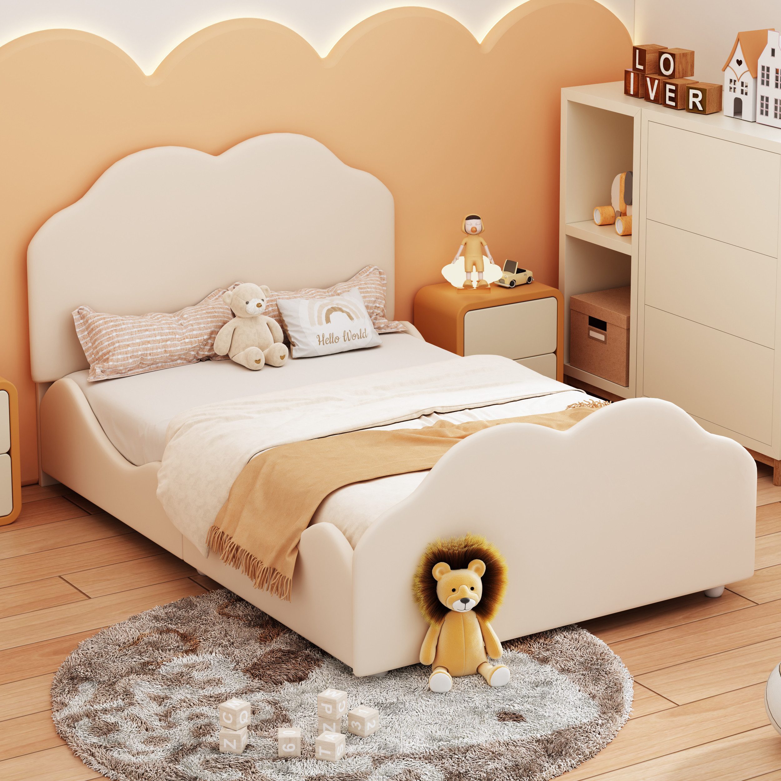 STILVORA Kinderbett 90x200 Polsterbett mit Lattenrost,Bettgestell ohne Matratze,beige (hohes Geländer-Kinderbettgestell mit wolkenförmigem Kopf- und Fußteil, hautfreundlichem Samt), Ohne Matratze