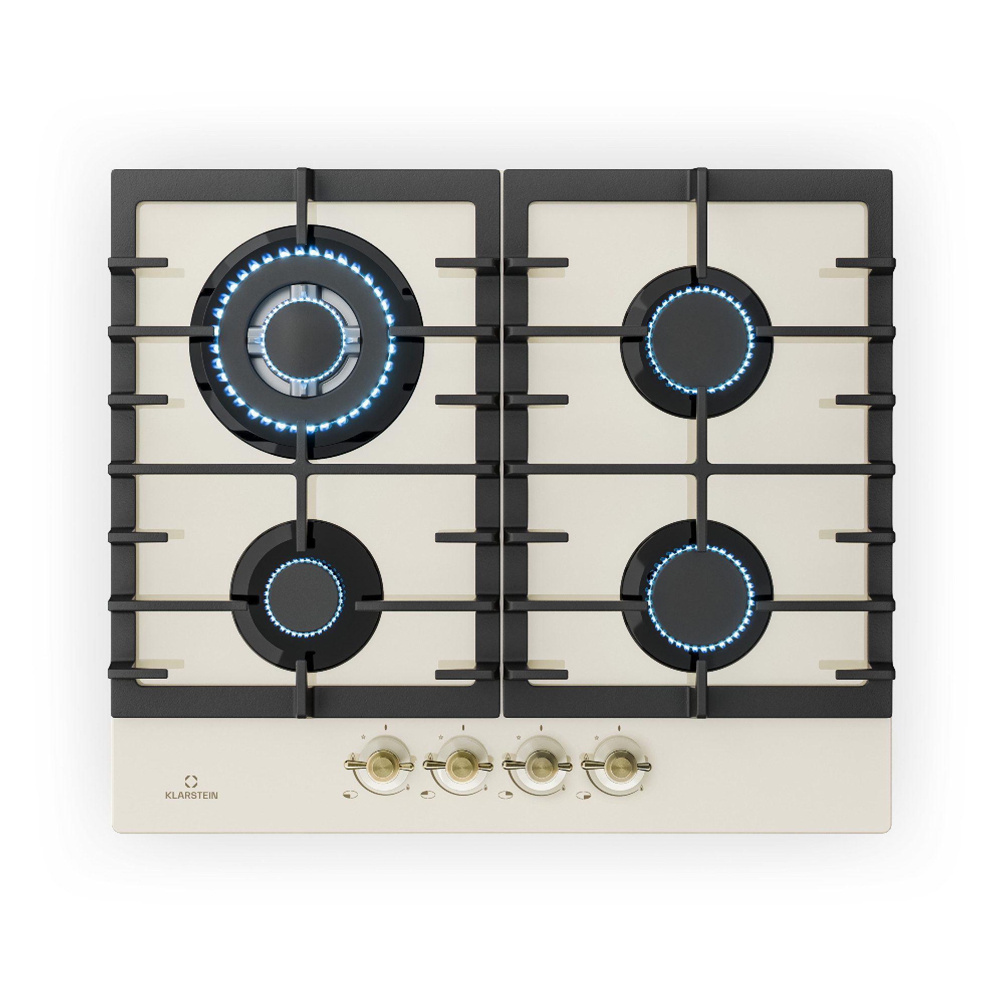 Klarstein Gas-Kochfeld Victoria Gaskochfeld 4 Zonen 4-flammig Gusseisen Glaskeramik Retro, Gasherd 4-flammig Vintage-Optik mit Drehregler & Bronze-Front