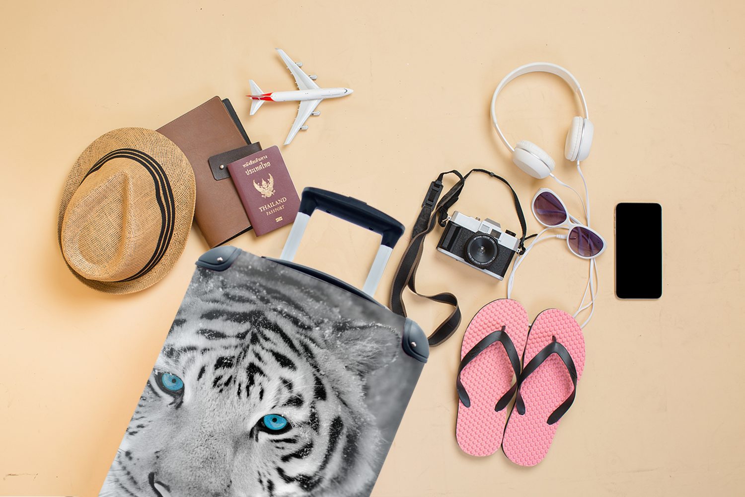 Reisetasche für mit Handgepäck Trolley, Tiger - Kopf Augen, Handgepäckkoffer rollen, 4 Ferien, Reisekoffer Rollen, MuchoWow -