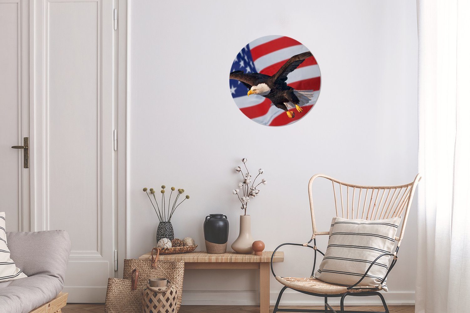 MuchoWow Gemälde der Rundes Forex, Flagge, amerikanischen 30x30 (1 cm Wanddekoration vor Wandbild, Kreis Weißkopfseeadler Amerikanischer Wohnzimmer, St)
