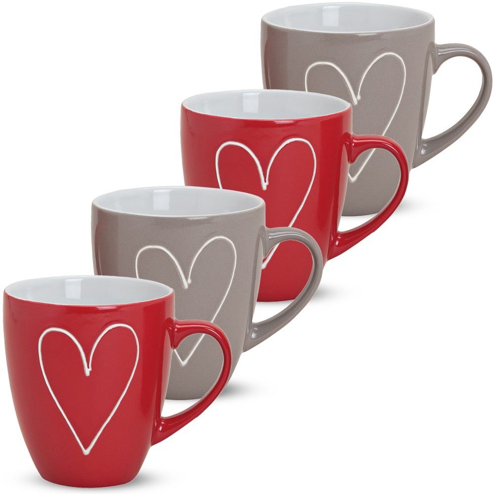 matches21 HOME & HOBBY Tasse Grosse Kaffeetassen 4er Set Landhaus-Stil einfarbig Herzen Liebe, Keramik, Tee Kaffee-Becher, klassisch, rot grau weiss, 400 ml