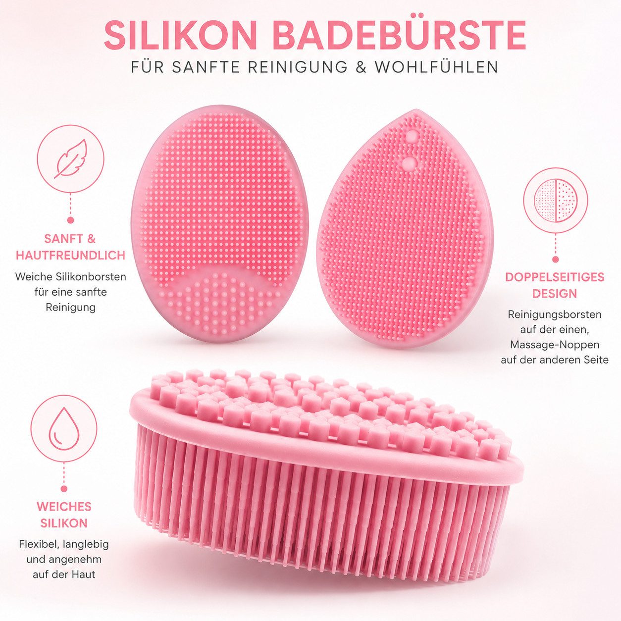Fyrove Badebürste Silikon Duschbürste Körperbürste, weicher Silikon Body Scrubber, für Erwachsene und Kinder, Körperschrubber Rückenbürste Handreinigungsbürste, sanftes Peeling, Massage & Schaumbildung für Dusche und Bad