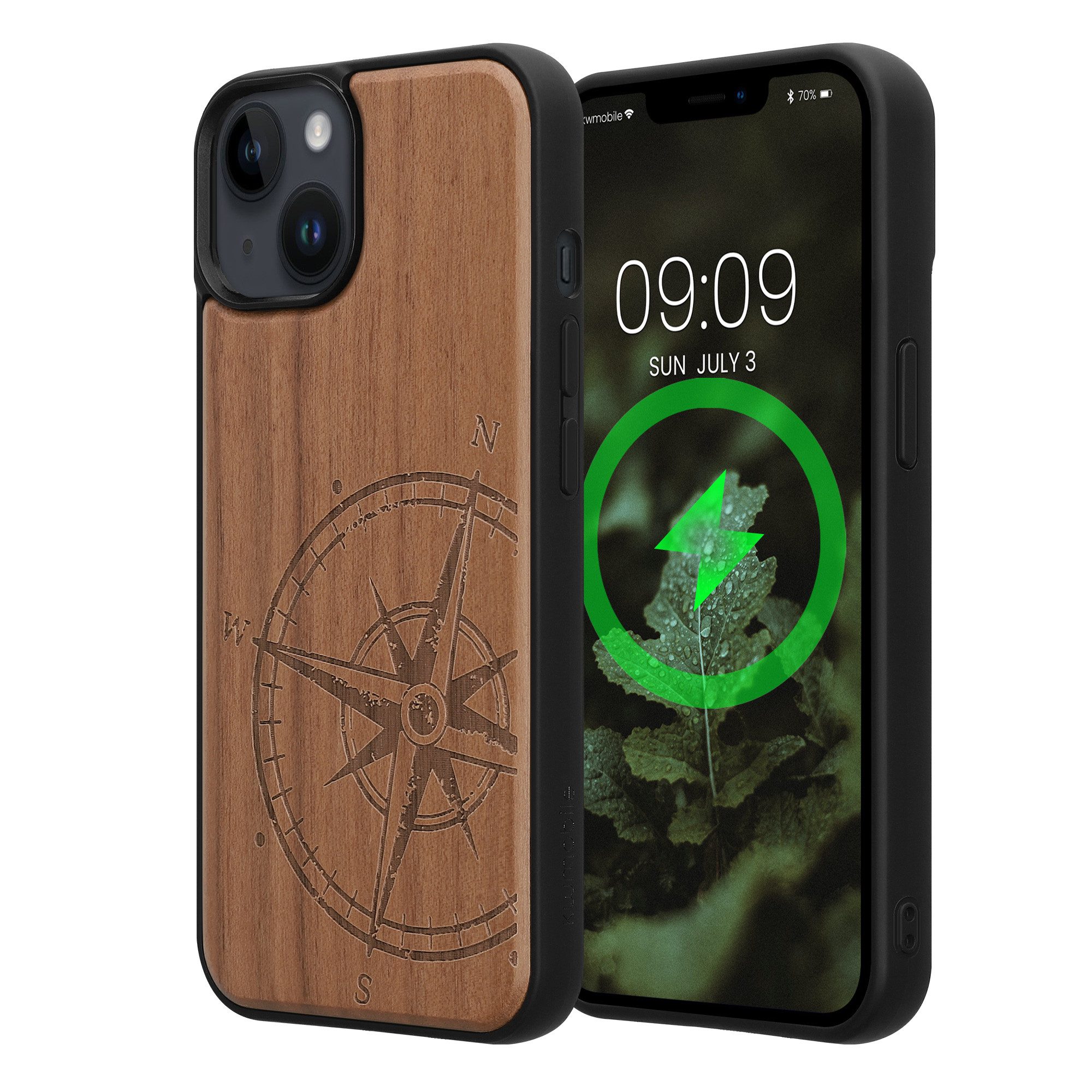 kwmobile Smartphone-Hülle Echtholz Schutzhülle für Apple iPhone 14 Cover, Hülle kompatibel mit MagSafe Holz Kompass Vintage Design