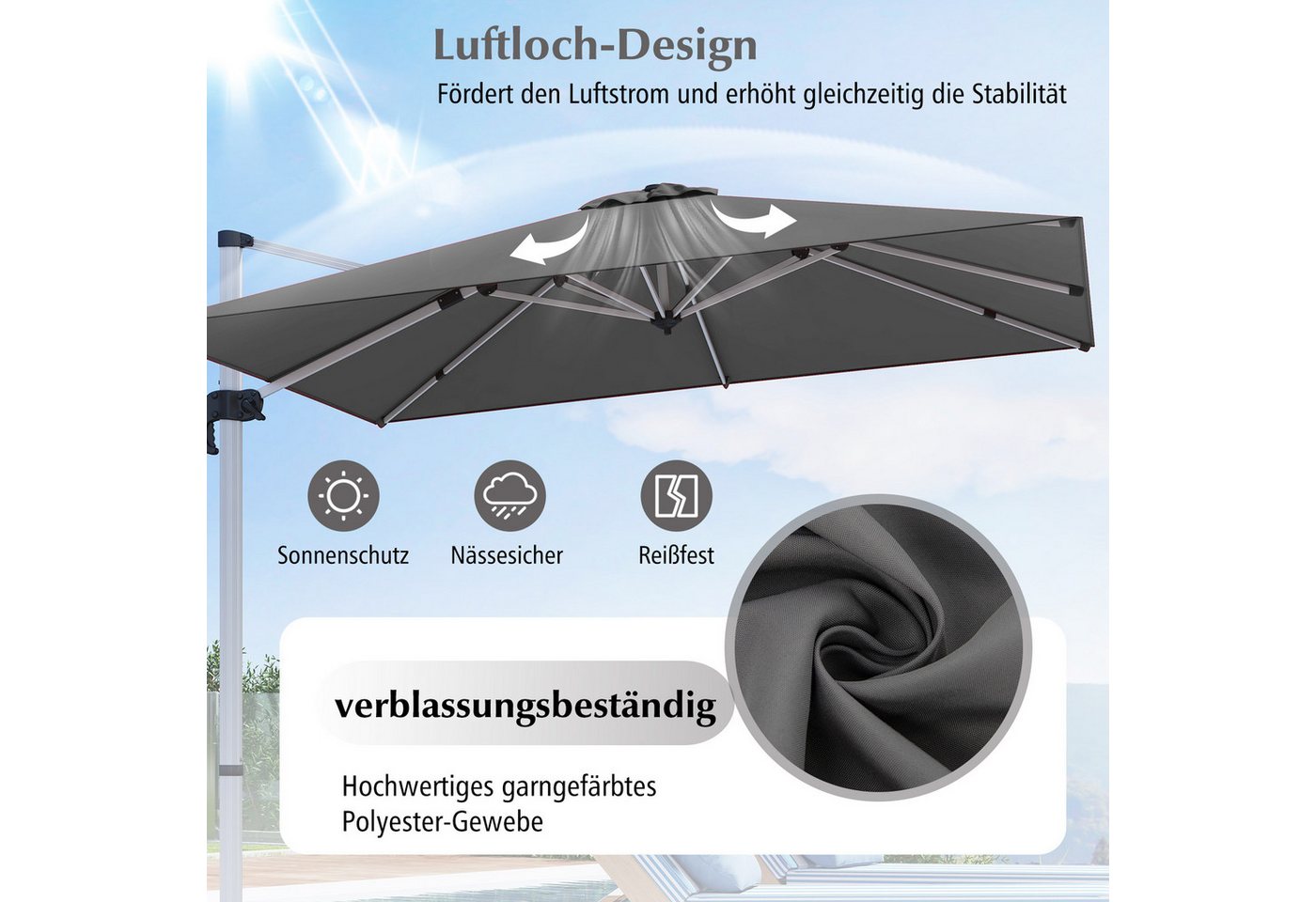 Thumbnail - COSTWAY Sonnenschirm, LxB: 295,00x295,00 cm, mit Kurbel & Kreuzfuß, neigbar