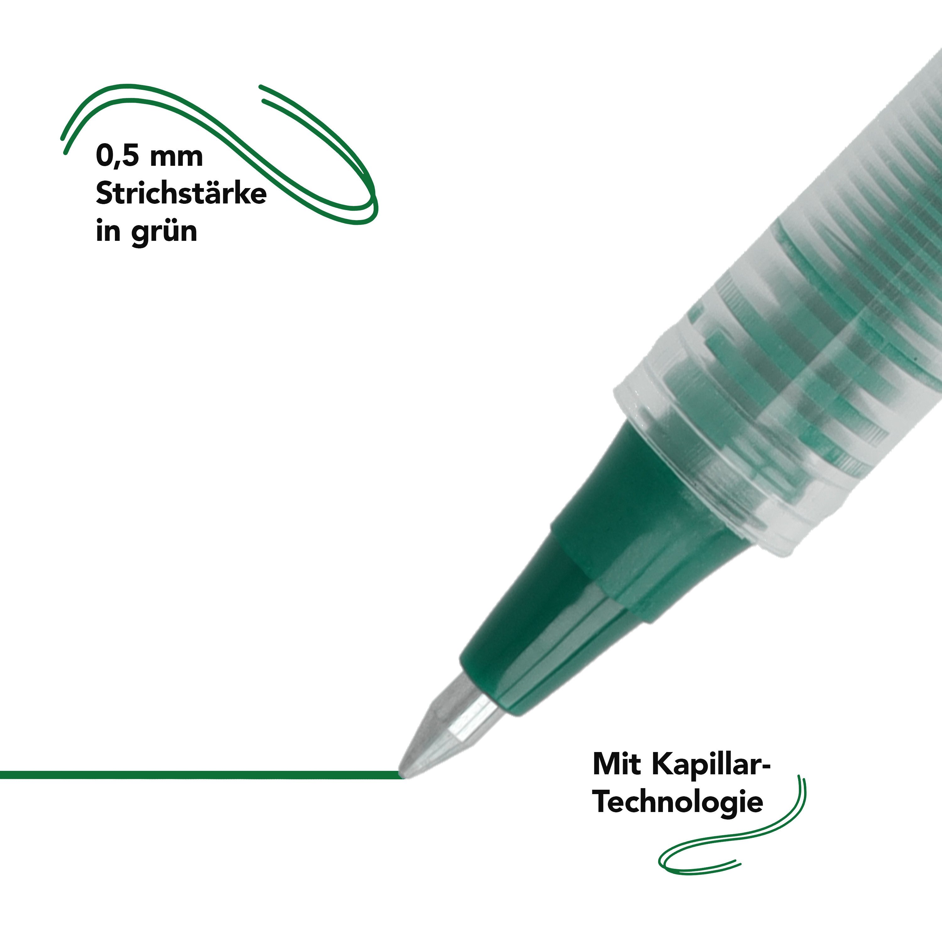 WESTCOTT Tintenroller Grün 10 Stück, Rollerball Pen mit grüner Tinte, 0,5 mm Strichstärke, (Vorteilspack, 10-tlg), transp. Füllstandsanzeige, Kapillartechnologie, ergonomischer Griff