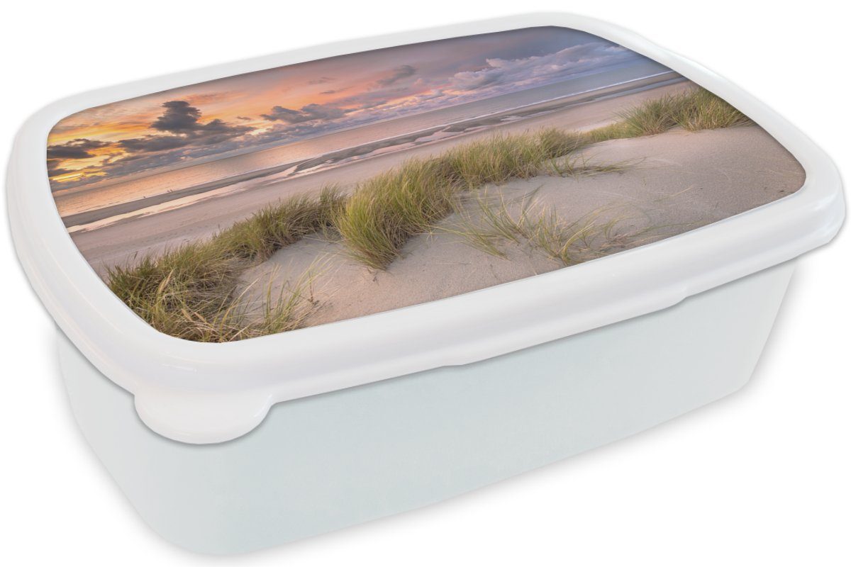 MuchoWow Lunchbox für weiß Düne Kinder Mädchen und Kunststoff, und Strand - Brotbox - - Sonnenuntergang Brotdose, für Erwachsene, Pflanzen Meer, Jungs - (2-tlg)