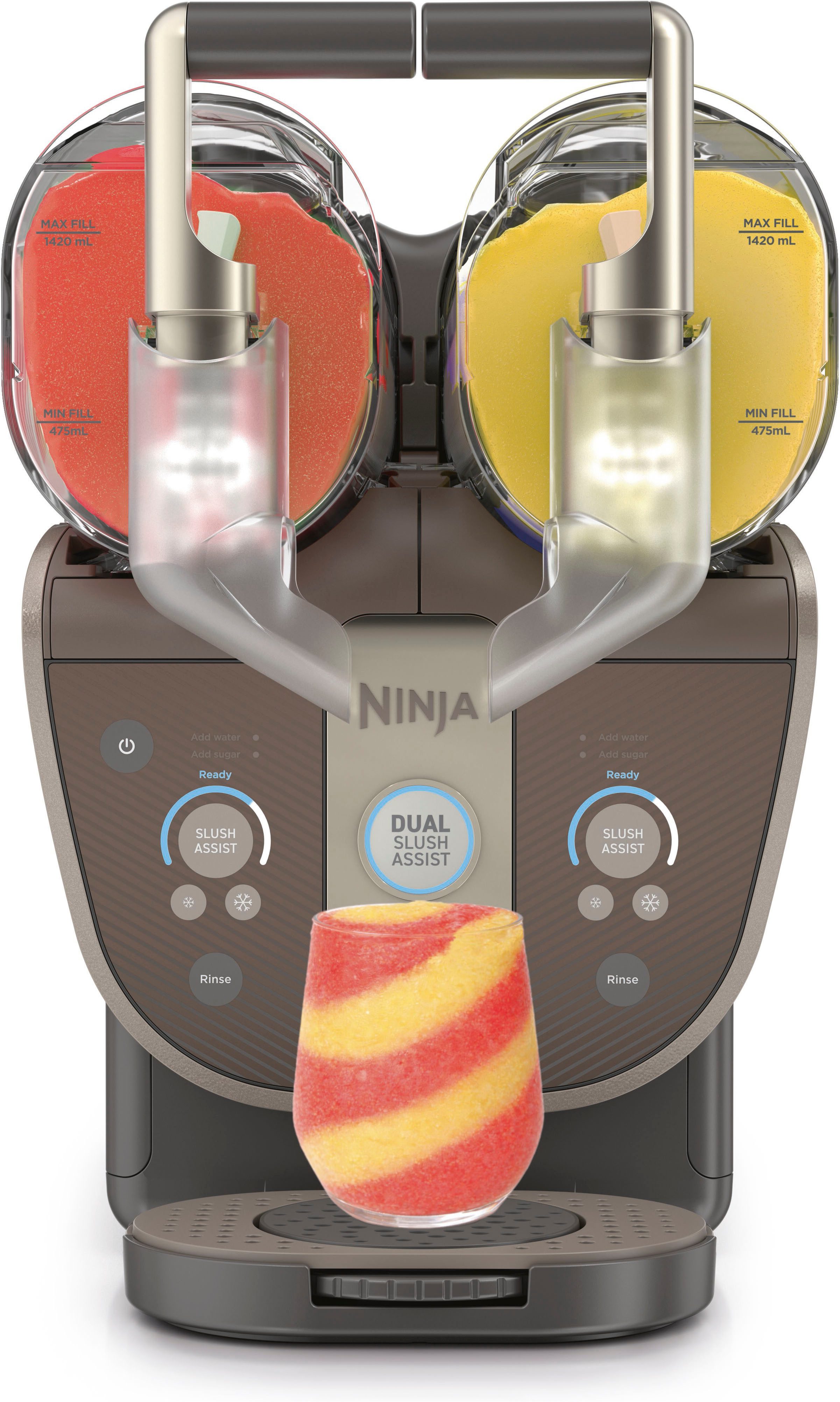 NINJA Slush-Eismaschine SLUSHi Twist, 2-in-1 SLUSHi Maschine, Dual-SlushAssist-Technologie, 1,42 l, 500 W, 2 Behälter für gleichzeitige Zubereitung von zwei Geschmacksrichtungen