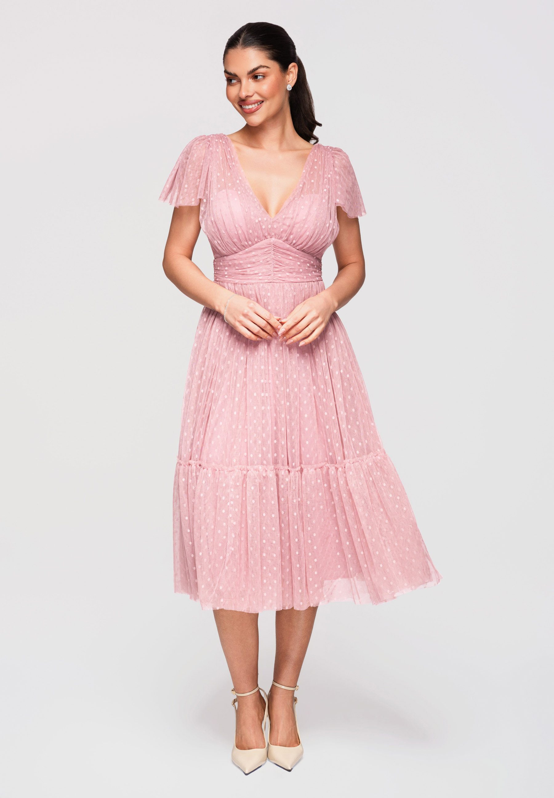 OMBRE Abendkleid Midi Kleid Ausgestellt V-Ausschnitt Cocktailkleid Dark pink S (kein Set, 1-tlg) Mehrlagige Konstruktion, transparente Netzstruktur