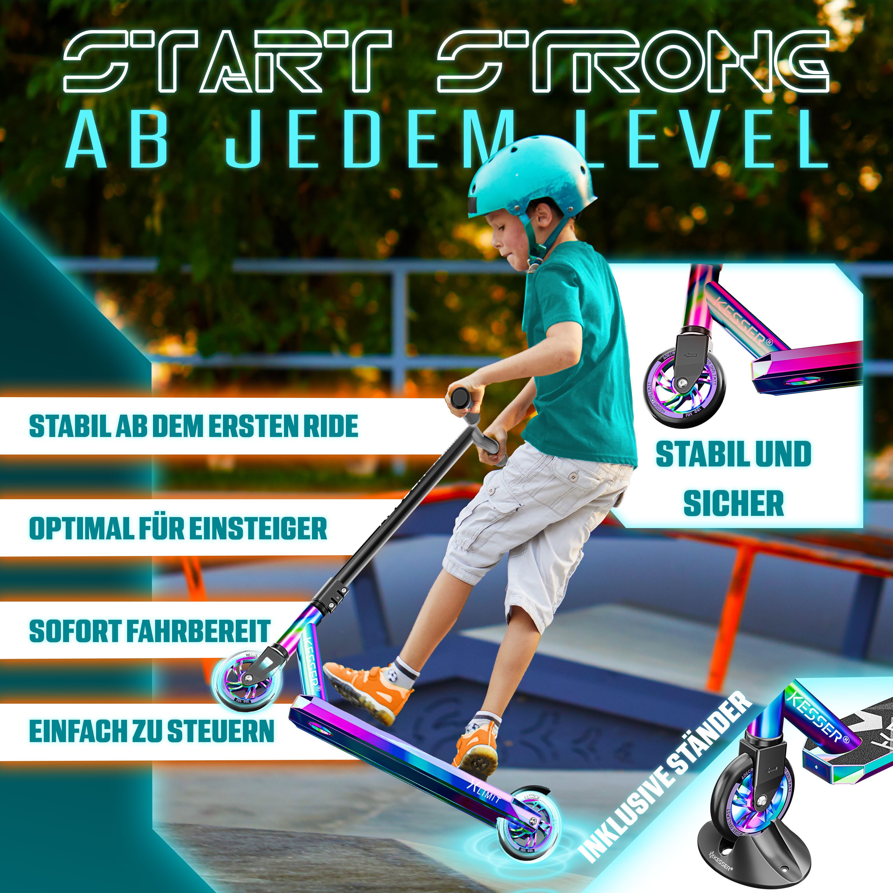 KESSER Stuntscooter X-Limit 360° Lenkung, ABEC9 Kugellagern, 100 mm PU Räder, Freestyle Kickscooter Funscooter für Kinder & Erwachsene