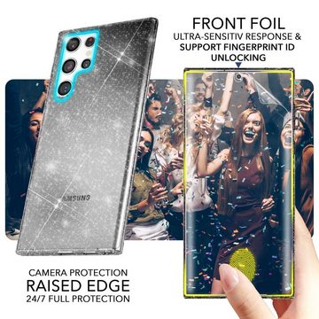 Nalia Smartphone-Hülle Samsung Galaxy S23 Ultra, Klare Glitzer Silikon Hülle / 2x Displayschutz / Glitter Bling Cover