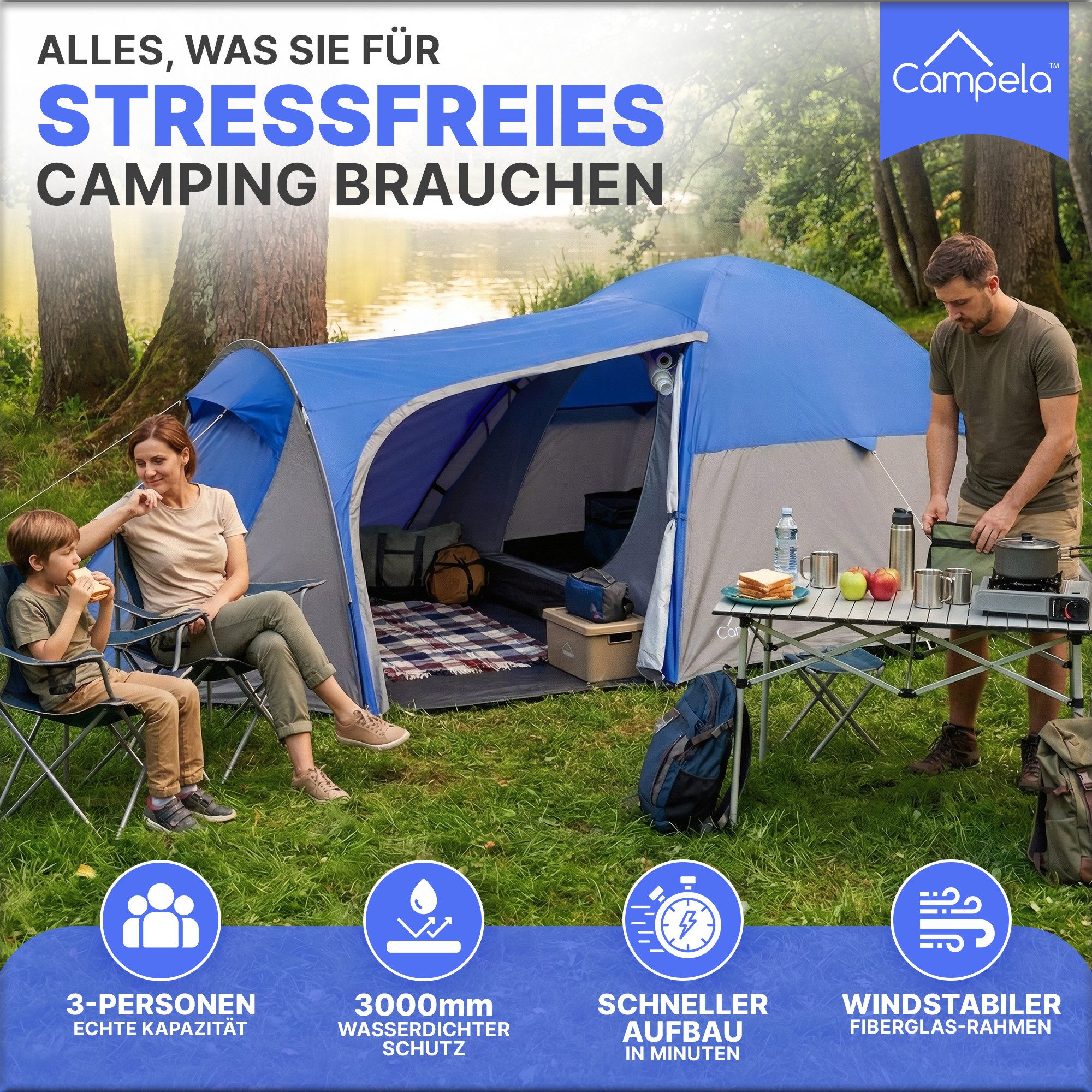 Campela Biwakzelt 3-Personen Zelt – wasserdicht & leicht – Camping & Trekking – Vorraum, Personen: 3