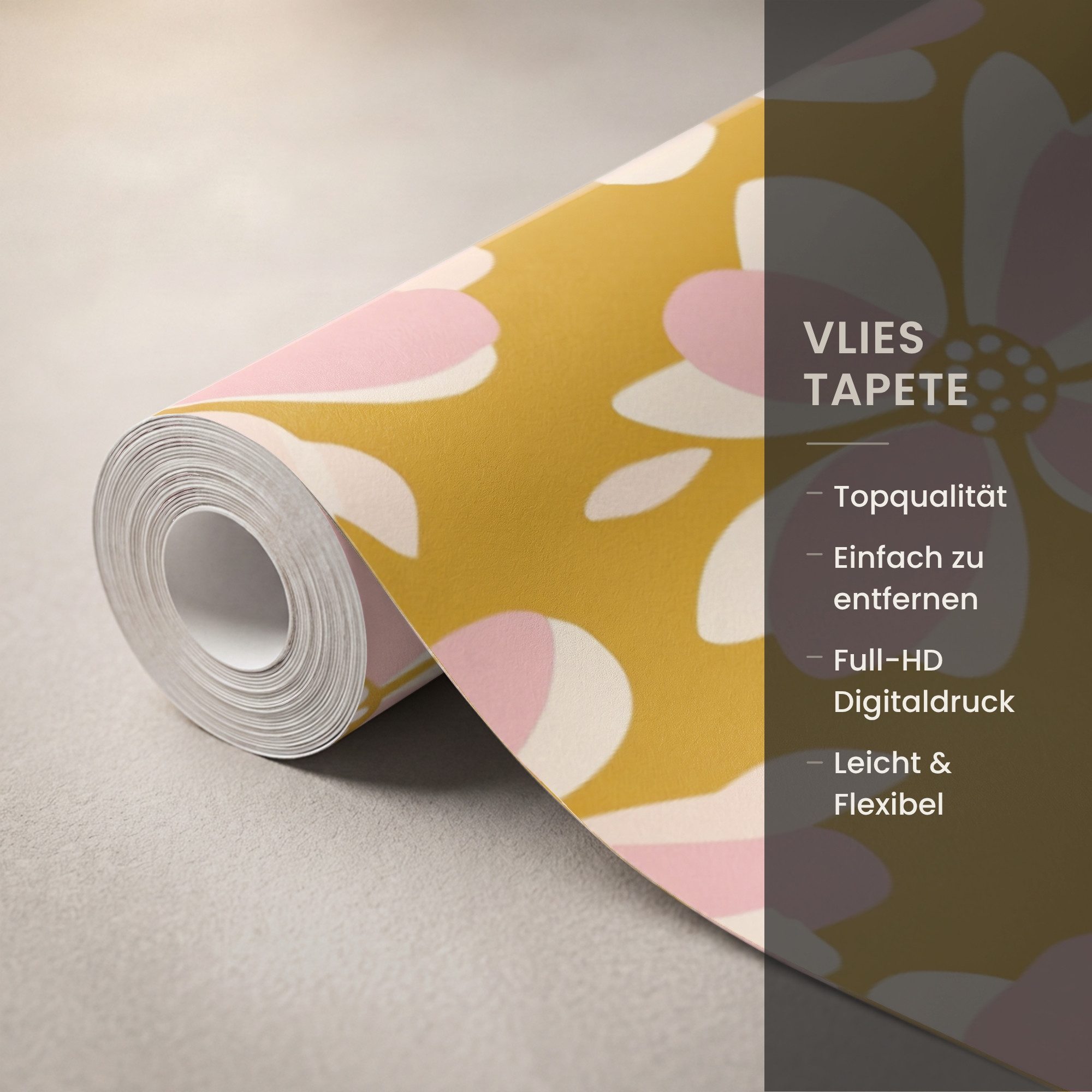 OnlyWow Fototapete Vintage - Blumen - Ockergelb, Matt, bedruckt, Wandtapete, Schlafzimmer, Wanddekoration 100x220cm