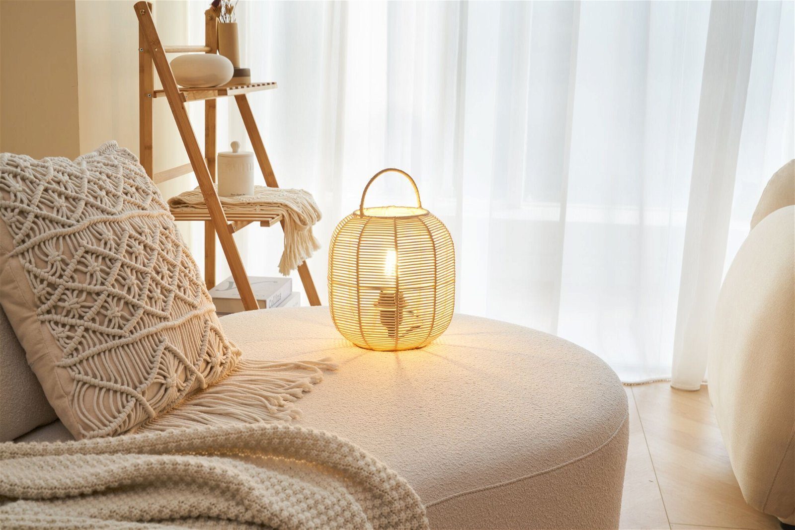 ohne Boho Metall/Rattan, Beige/Weiß E27 Pauleen Leuchtmittel, Glow Tischleuchte 230V max20W