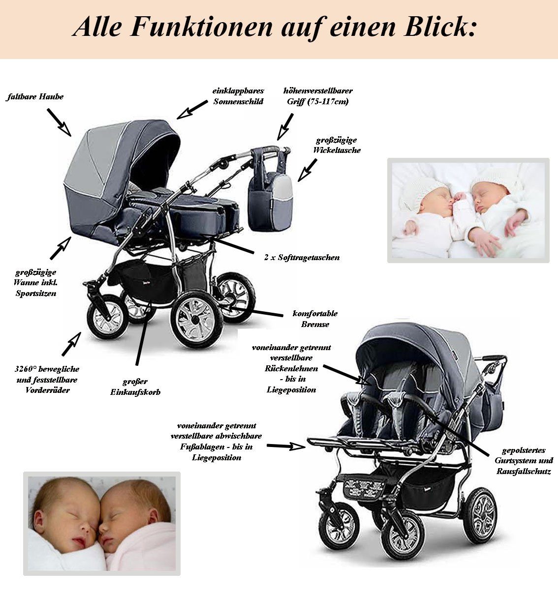 20 1 Zwillingskinderwagen 3 Teile - 15 Farben in Duet in Elcar Zwillings-Kombikinderwagen Schwarz-Silver -