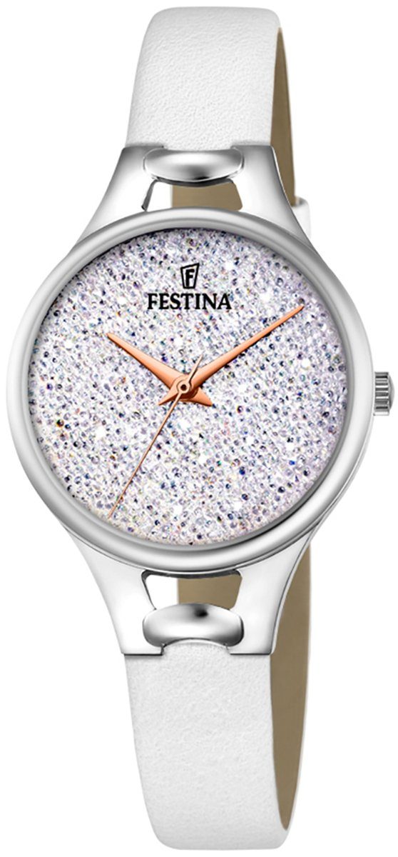 Festina Quarzuhr Festina Swarovski Elements F20334/1, Damen Armbanduhr rund, Lederarmband weiß
