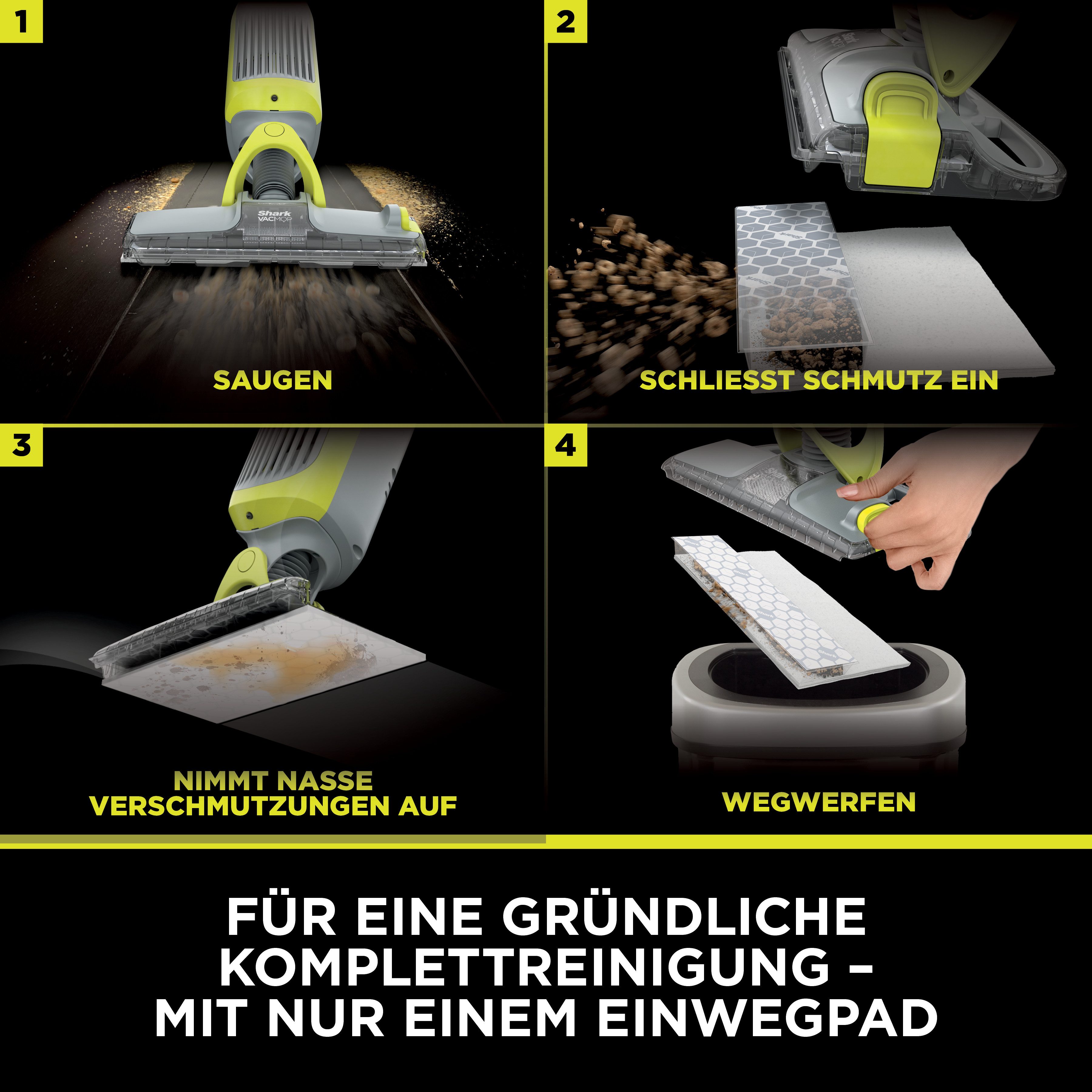 Shark Nass-Trocken-Akkusauger Shark VacMop 2-in-1 kabelloser Staubsauger und Sprühmopp VM200EU, beutellos, VOLLSTÄNDIGE REINIGUNG MIT EINEM EINZIGEN EINWEGPAD, kabellos, leicht