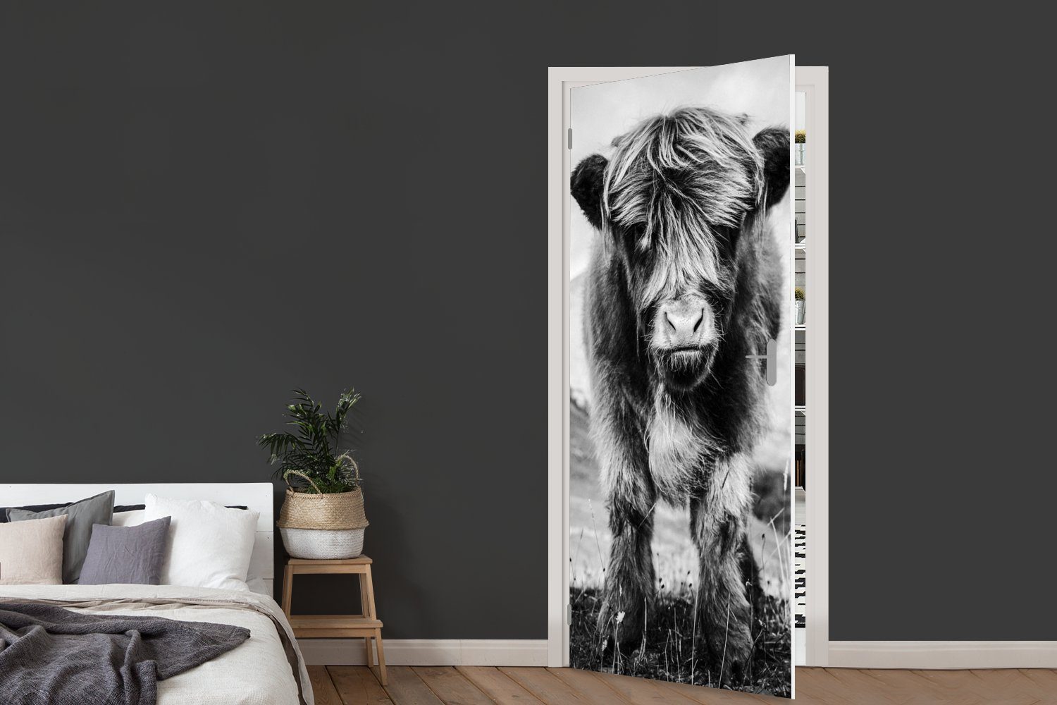 Fototapete - für MuchoWow (1 Schwarz Türtapete 75x205 cm St), Schottischer - Berg Highlander Weiß, bedruckt, Türaufkleber, Tür, - Matt,