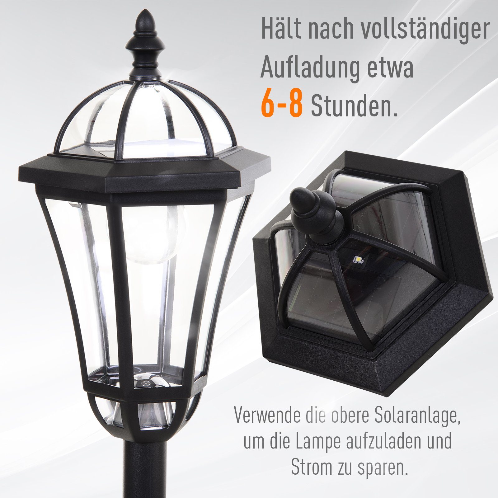 Stdn., Solar Weiß, cm x H129 Gartenleuchte Set, 6 ABS Outsunny Gartenlaterne, LED 2er Ø18.5 Schwarz, LED,