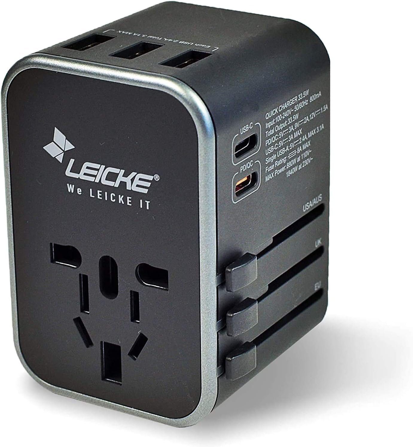 Leicke Reiseadapter internationaler Reisestecker AC Steckdosenadapter 6,5 A Universal-Netzteil (3 USB A Anschlüsse und 2 Typ C für mehr als 224 Länder mit US/EU/UK)