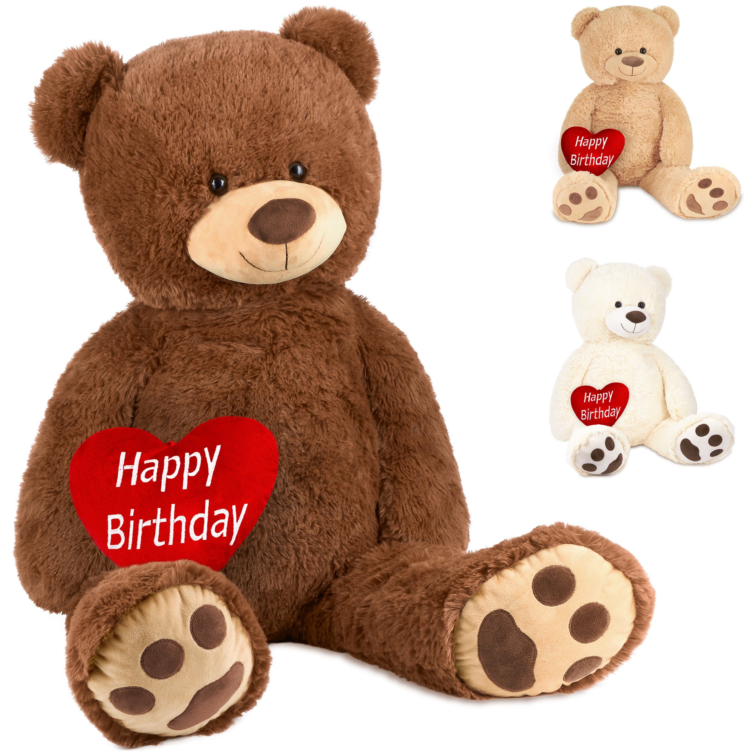 BRUBAKER Kuscheltier XXL Teddybär 100 cm groß mit Herz Happy Birthday  (1-St), großer Teddy Bär, Stofftier Plüschtier