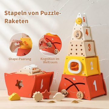 Fivejoy Lernspielzeug Montessori-Holzspielzeug für Babys, Raketenblöcke (1-St), 5-lagiges Stapel-Puzzlespiel