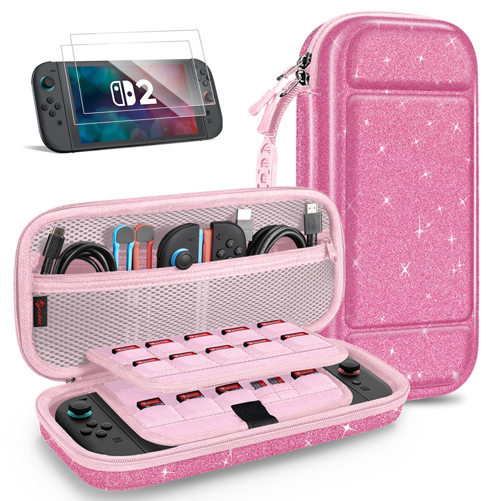 Fintie Nintendo-Schutzhülle Tasche mit 2 Panzerglas für Nintendo Switch 2(2025), 2-in-1 Zubehörset, mit 2 Stücke Schutzfolie, 1 Tragetasche mit großem Fassungsvermögen