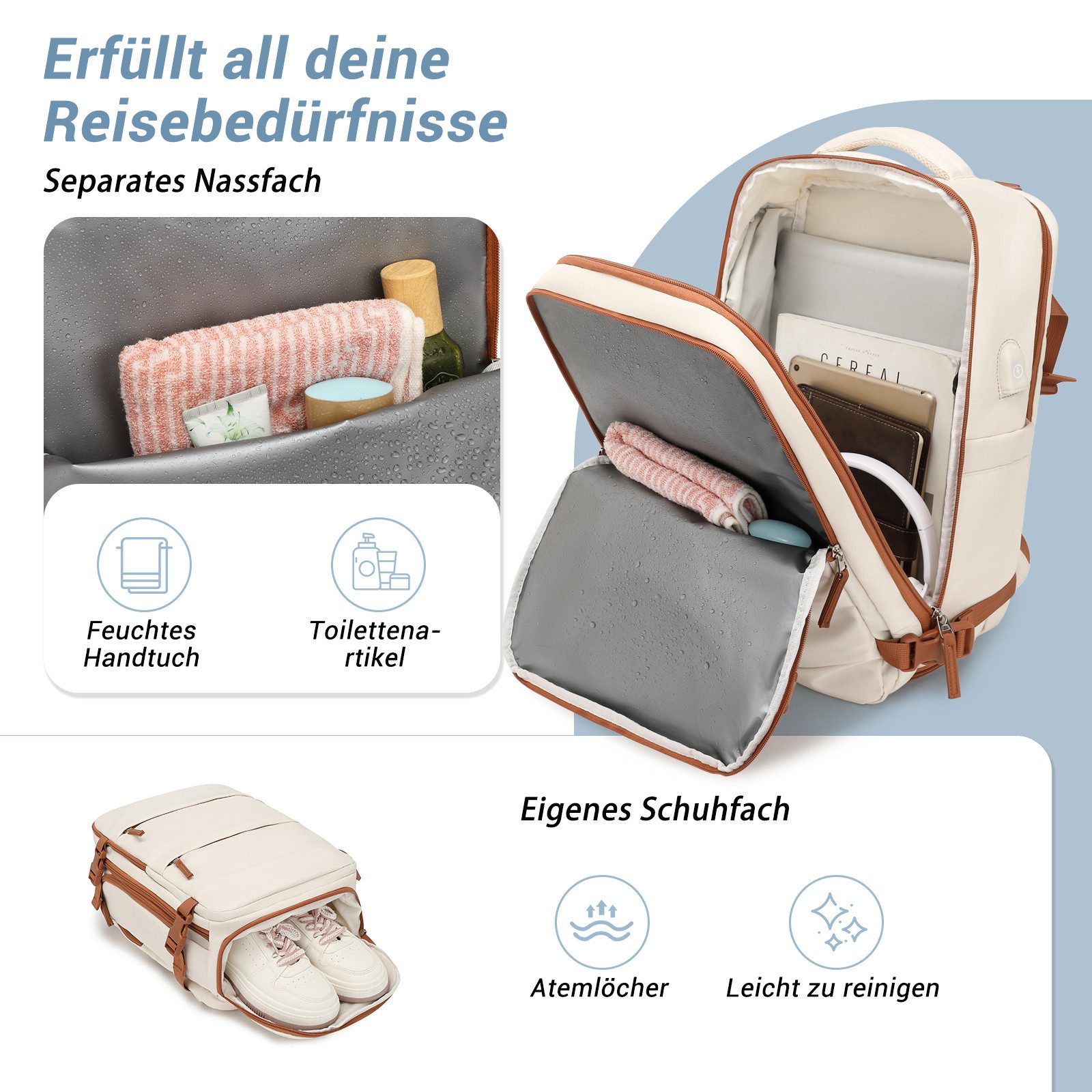 KONO Reiserucksack Handgepäck Laptop Rucksack 42x30x20,25L mit Schuhfach für Reisen&Sport