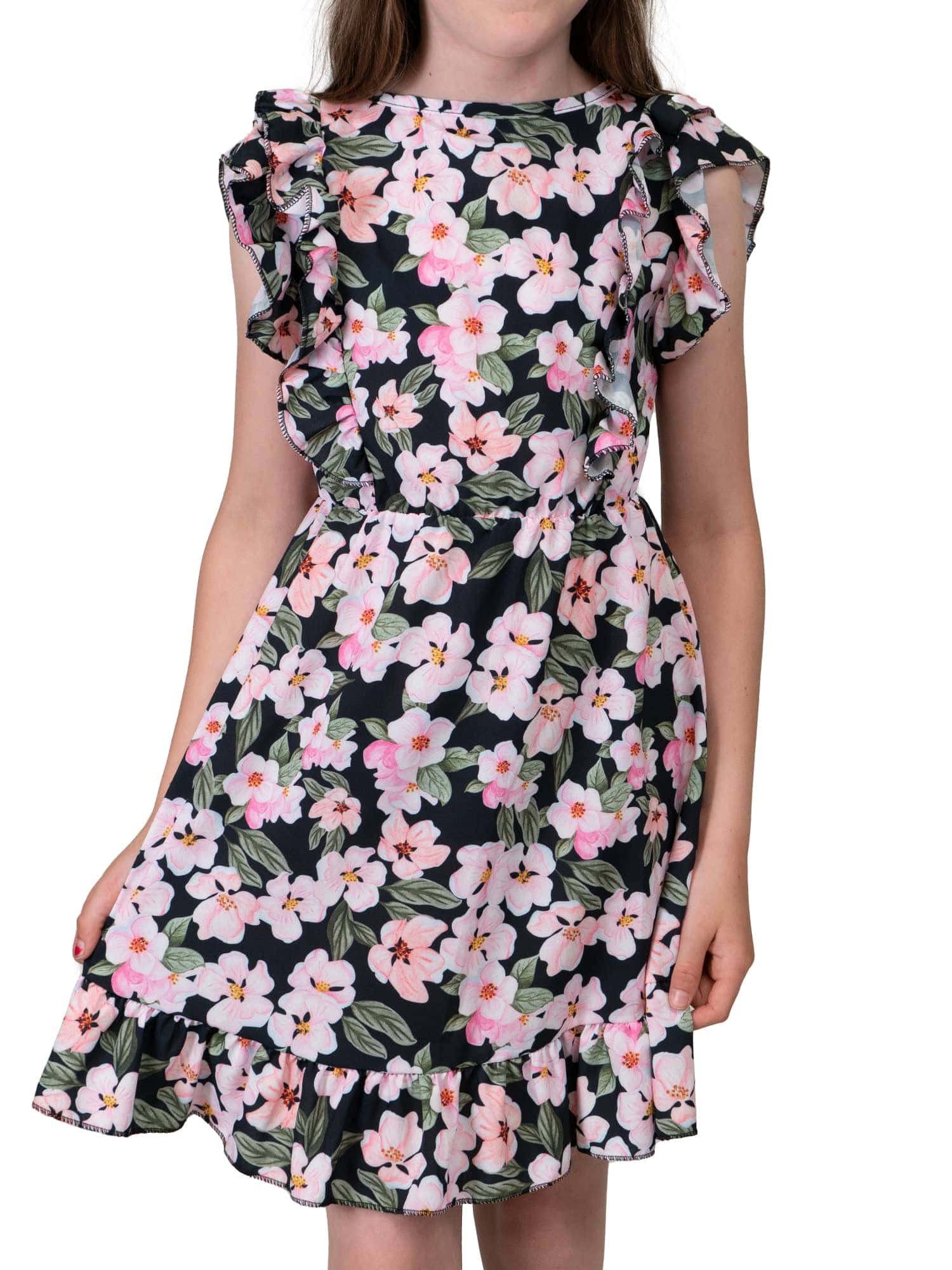 KMISSO Sommerkleid Mädchen Kleid mit Volants Blumenmotiv 30384 (1-tlg) bequem zu tragen Schwarz