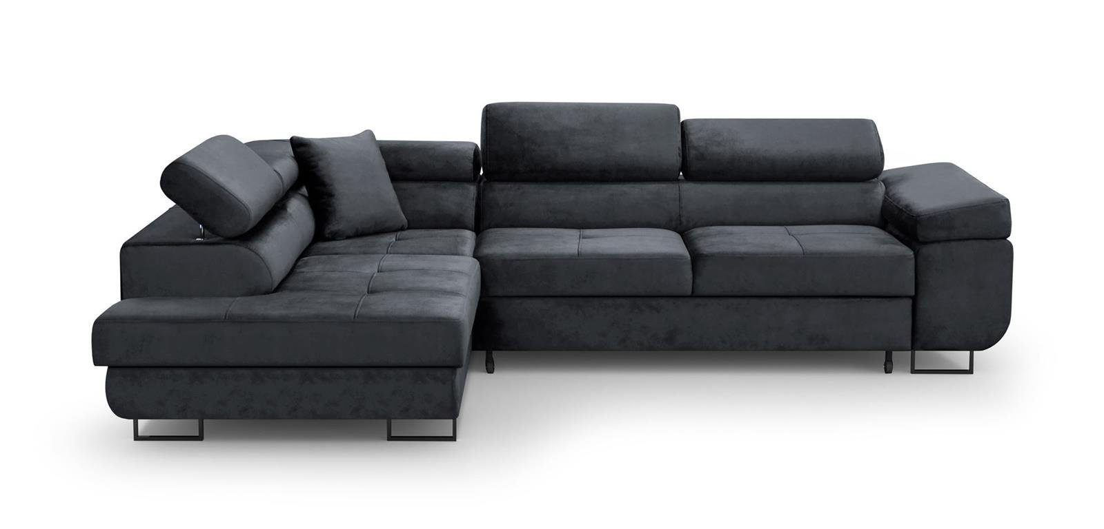 Beautysofa Ecksofa Waldo Schlafecke (monolith für Wellenfedern, L-förmige Wohnzimmer Schlaffunktion, gepolstertes inklusive verstellbaren mit Bettkasten, Ecke 97) Kopfstützen, Dunkelgrau mit L